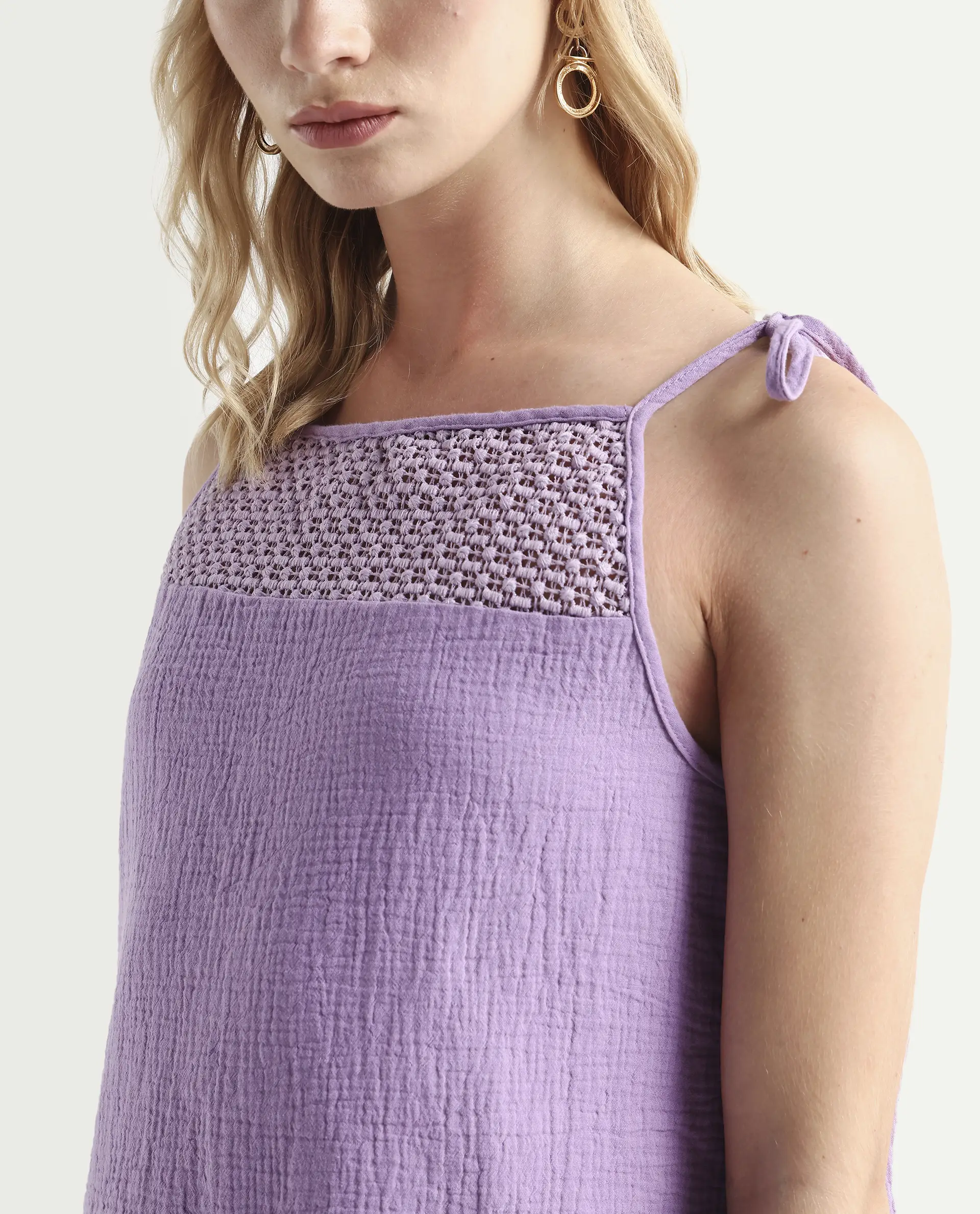 Rareism Women's Jordyn-T Pastel Purple Cotton Blend Shoulder Strap Plain Shoulder Strap Regular Fit Top