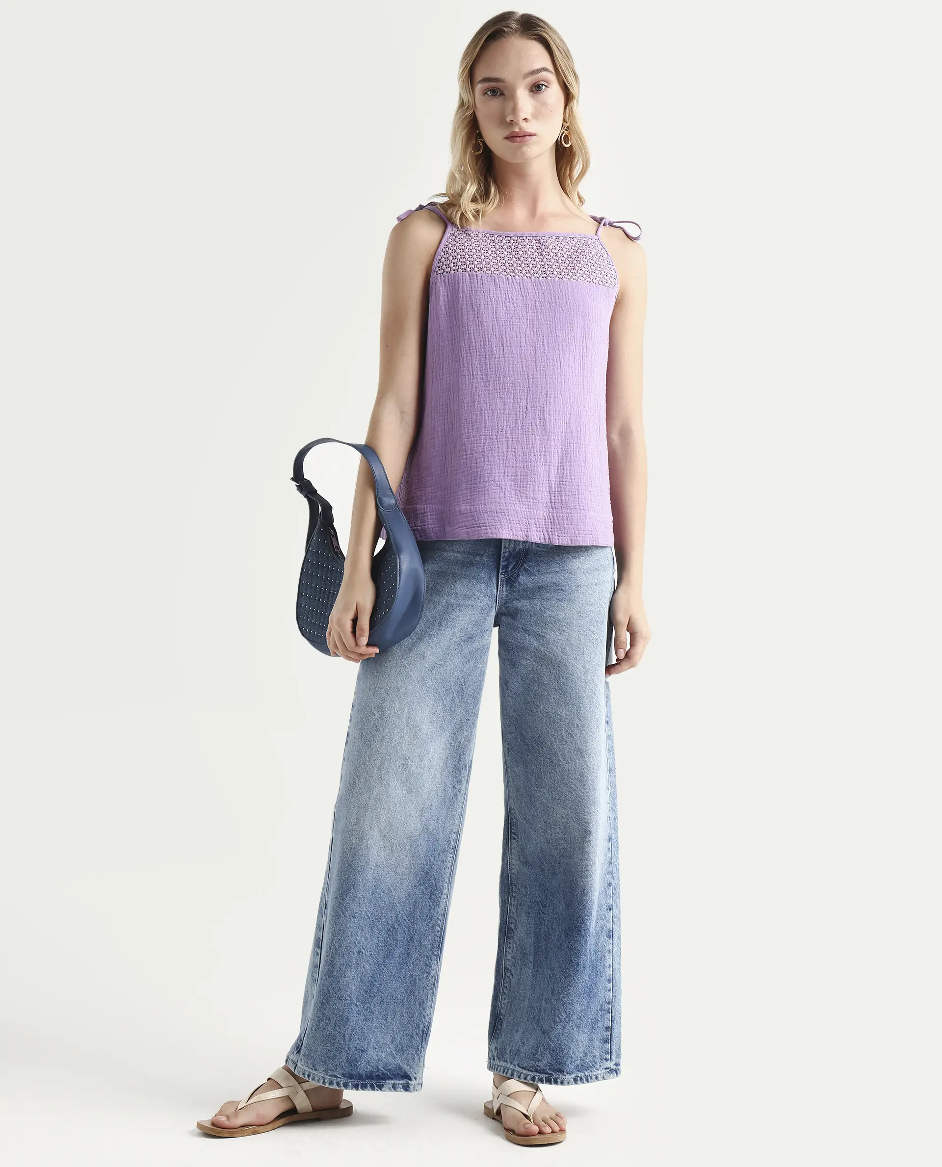 Rareism Women's Jordyn-T Pastel Purple Cotton Blend Shoulder Strap Plain Shoulder Strap Regular Fit Top - Image 2