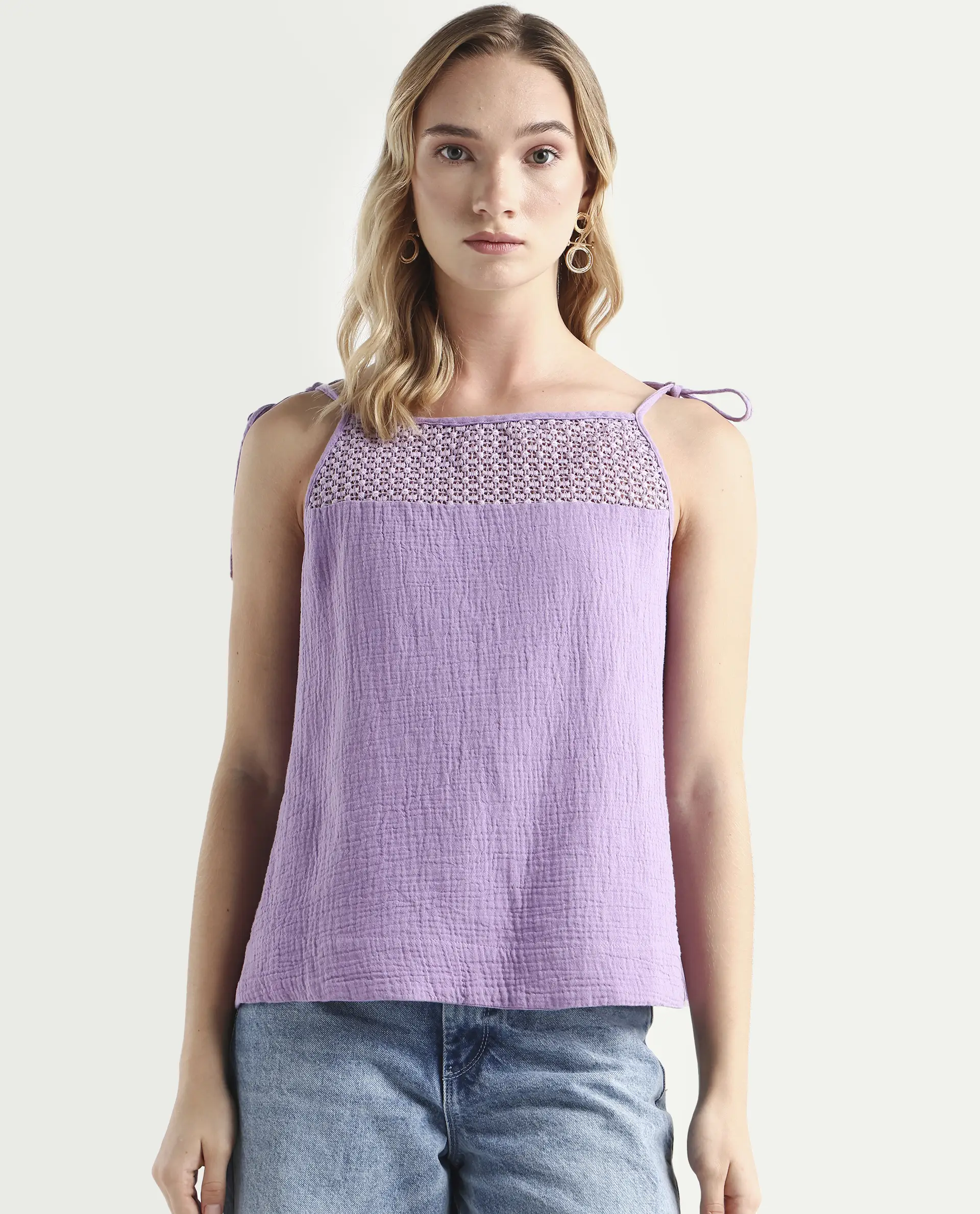 Rareism Women's Jordyn-T Pastel Purple Cotton Blend Shoulder Strap Plain Shoulder Strap Regular Fit Top - Image 3