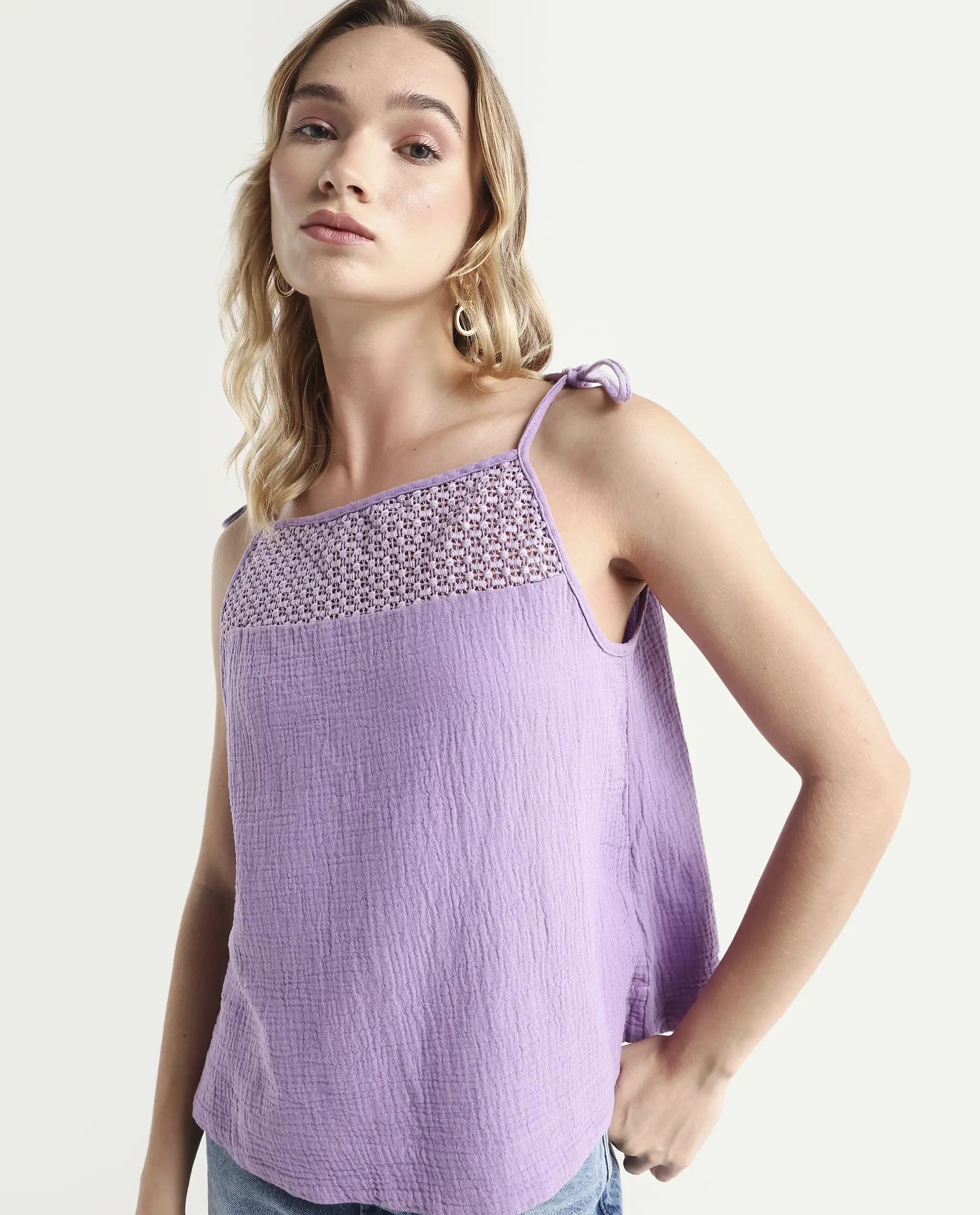 Rareism Women's Jordyn-T Pastel Purple Cotton Blend Shoulder Strap Plain Shoulder Strap Regular Fit Top - Image 4