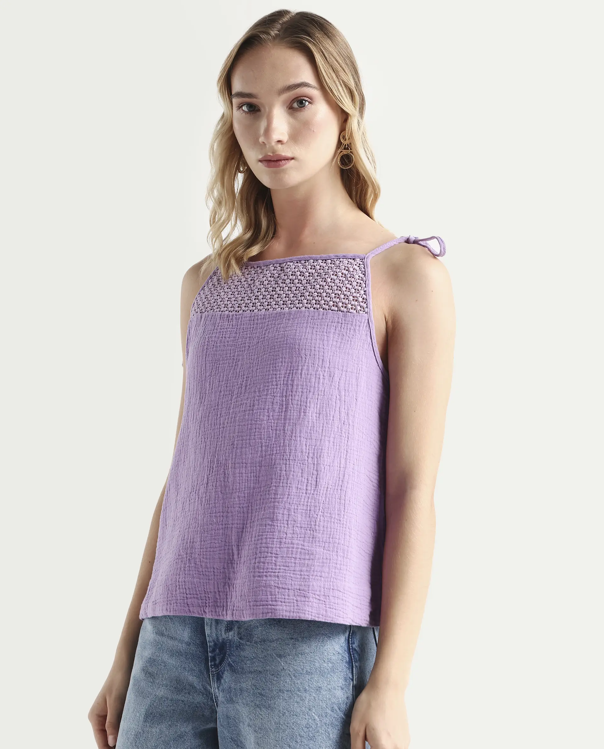 Rareism Women's Jordyn-T Pastel Purple Cotton Blend Shoulder Strap Plain Shoulder Strap Regular Fit Top - Image 5