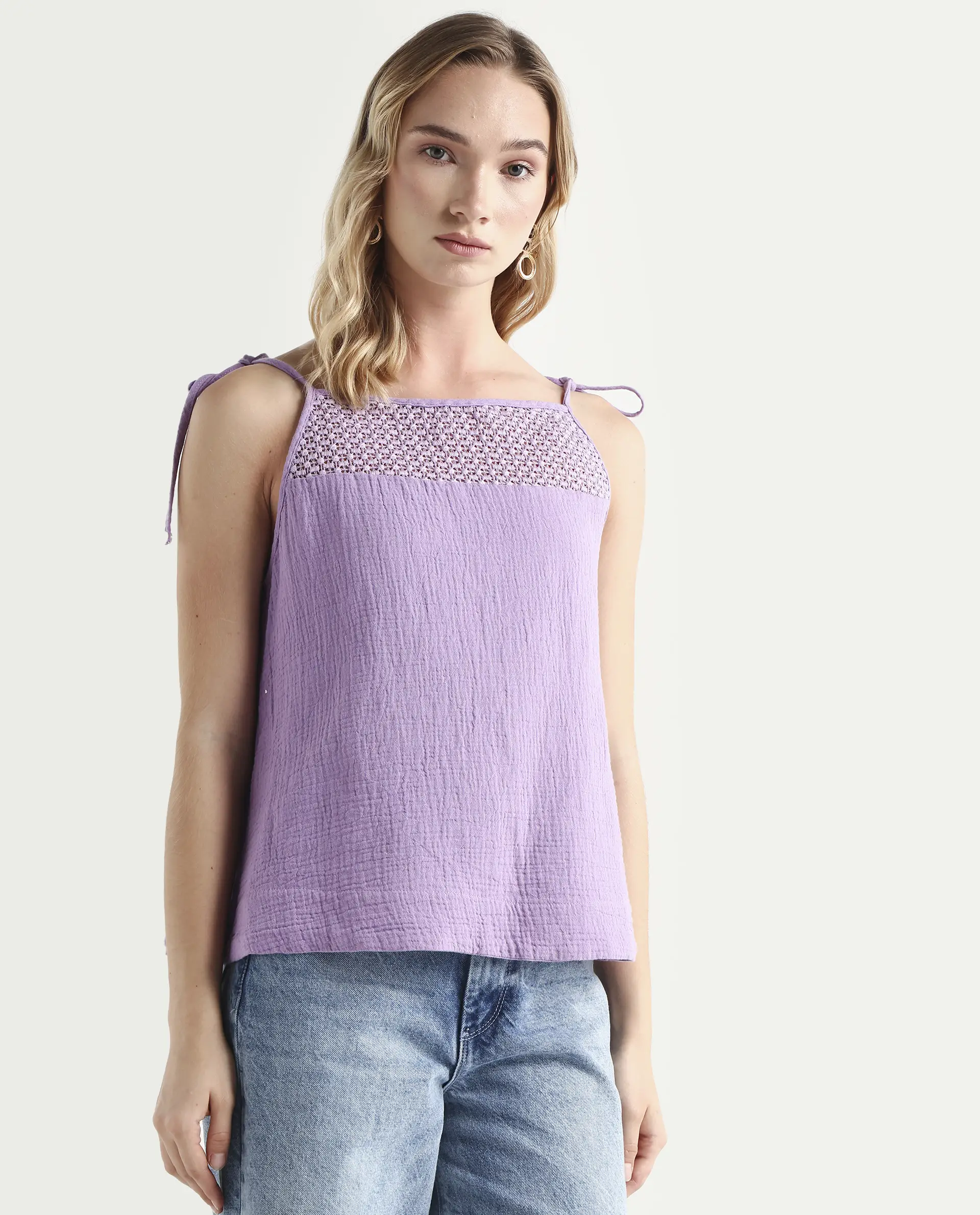 Rareism Women's Jordyn-T Pastel Purple Cotton Blend Shoulder Strap Plain Shoulder Strap Regular Fit Top - Image 6