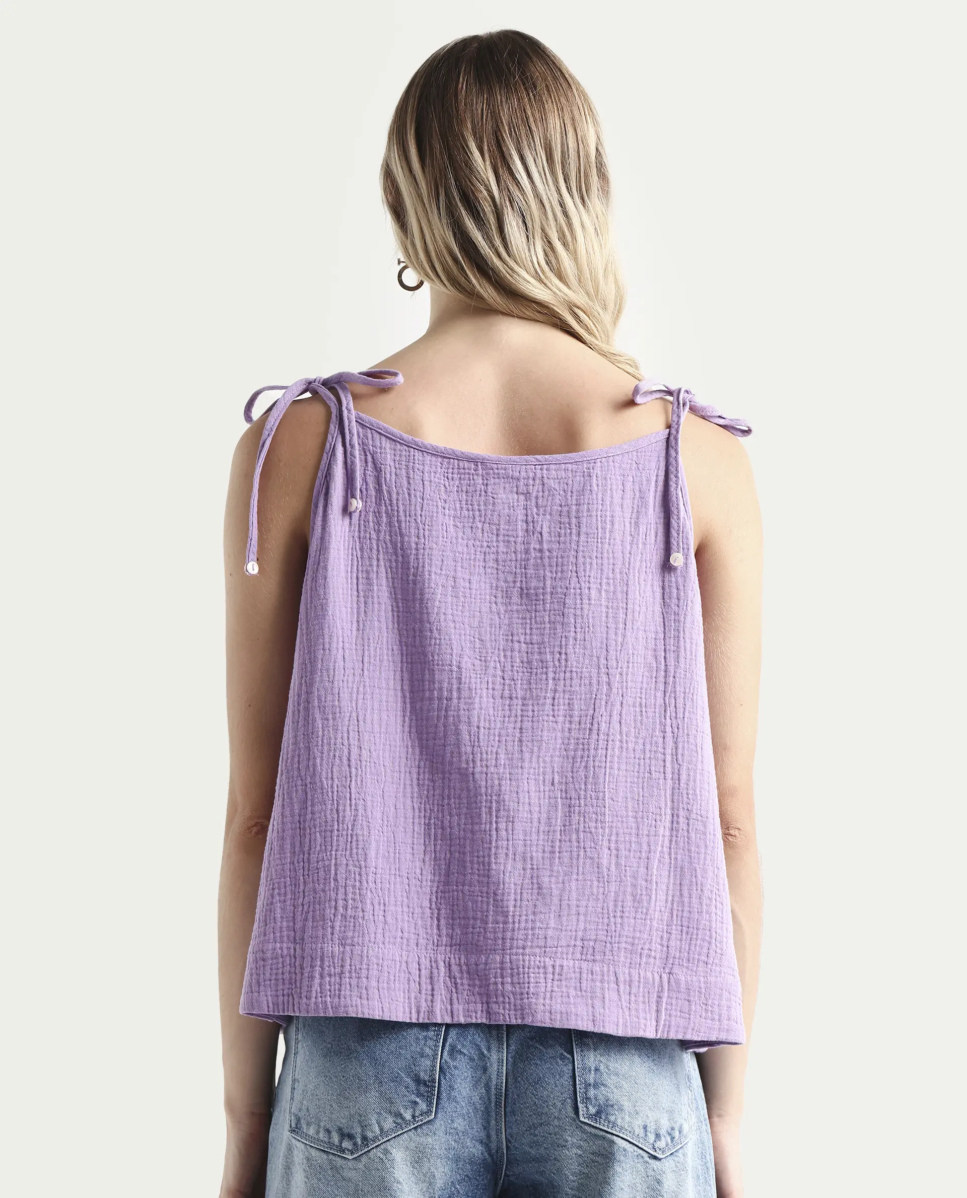 Rareism Women's Jordyn-T Pastel Purple Cotton Blend Shoulder Strap Plain Shoulder Strap Regular Fit Top - Image 7
