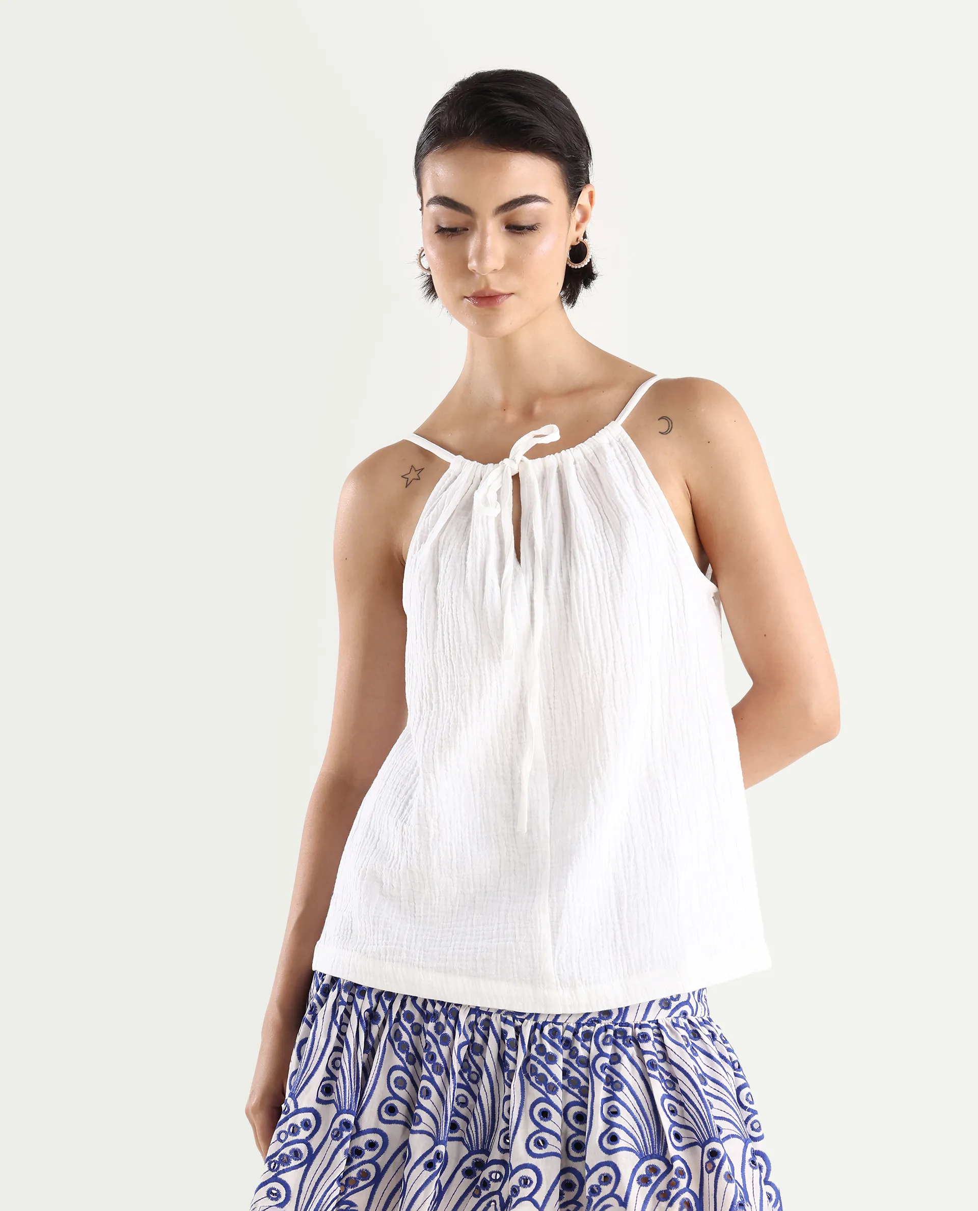 Rareism Women's Jordyn Pastel White Cotton Halter Neck Plain Shoulder Strap Regular Fit Top - Image 2