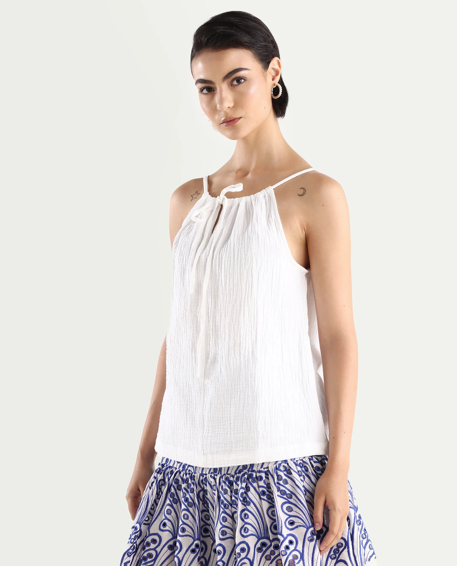 Rareism Women's Jordyn Pastel White Cotton Halter Neck Plain Shoulder Strap Regular Fit Top - Image 4
