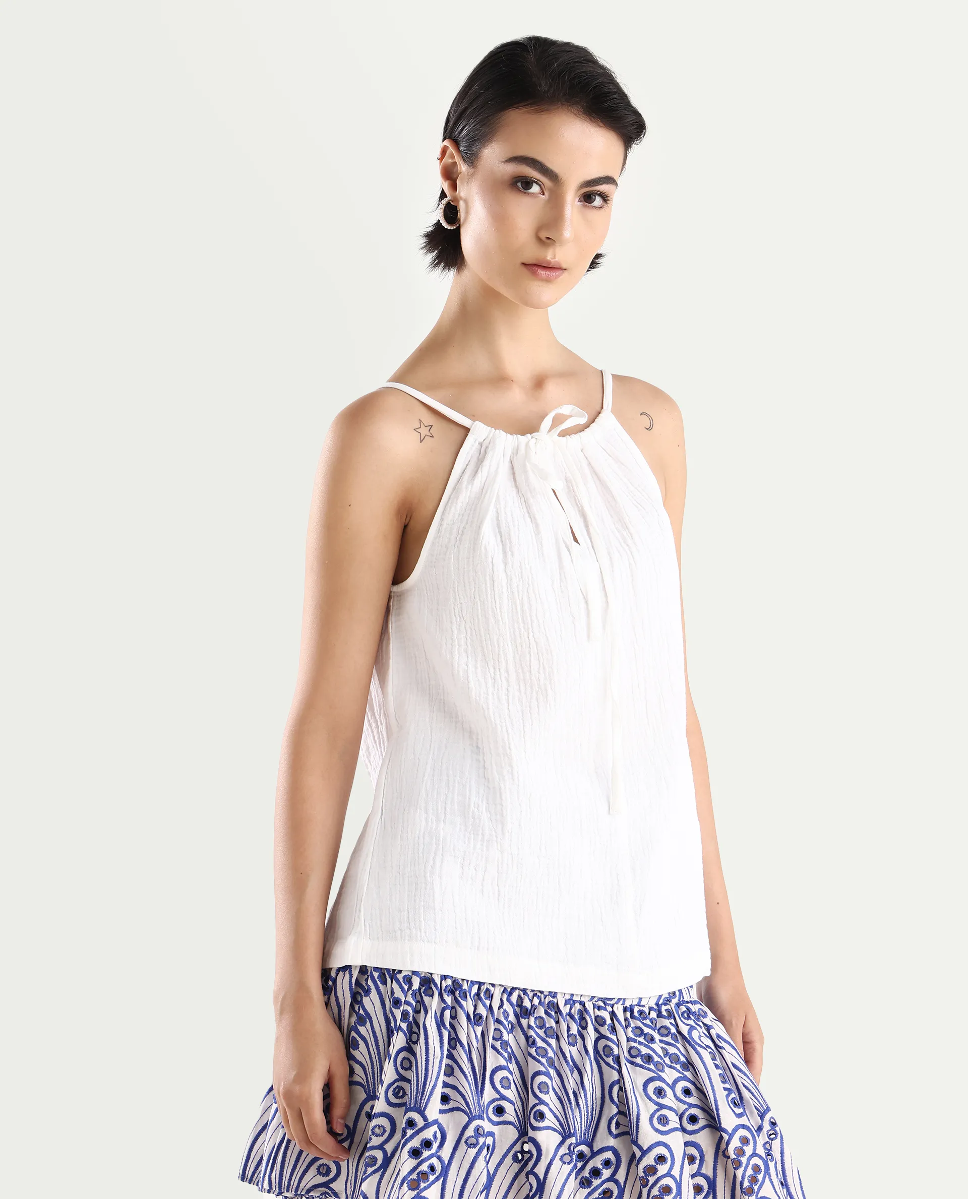Rareism Women's Jordyn Pastel White Cotton Halter Neck Plain Shoulder Strap Regular Fit Top - Image 5