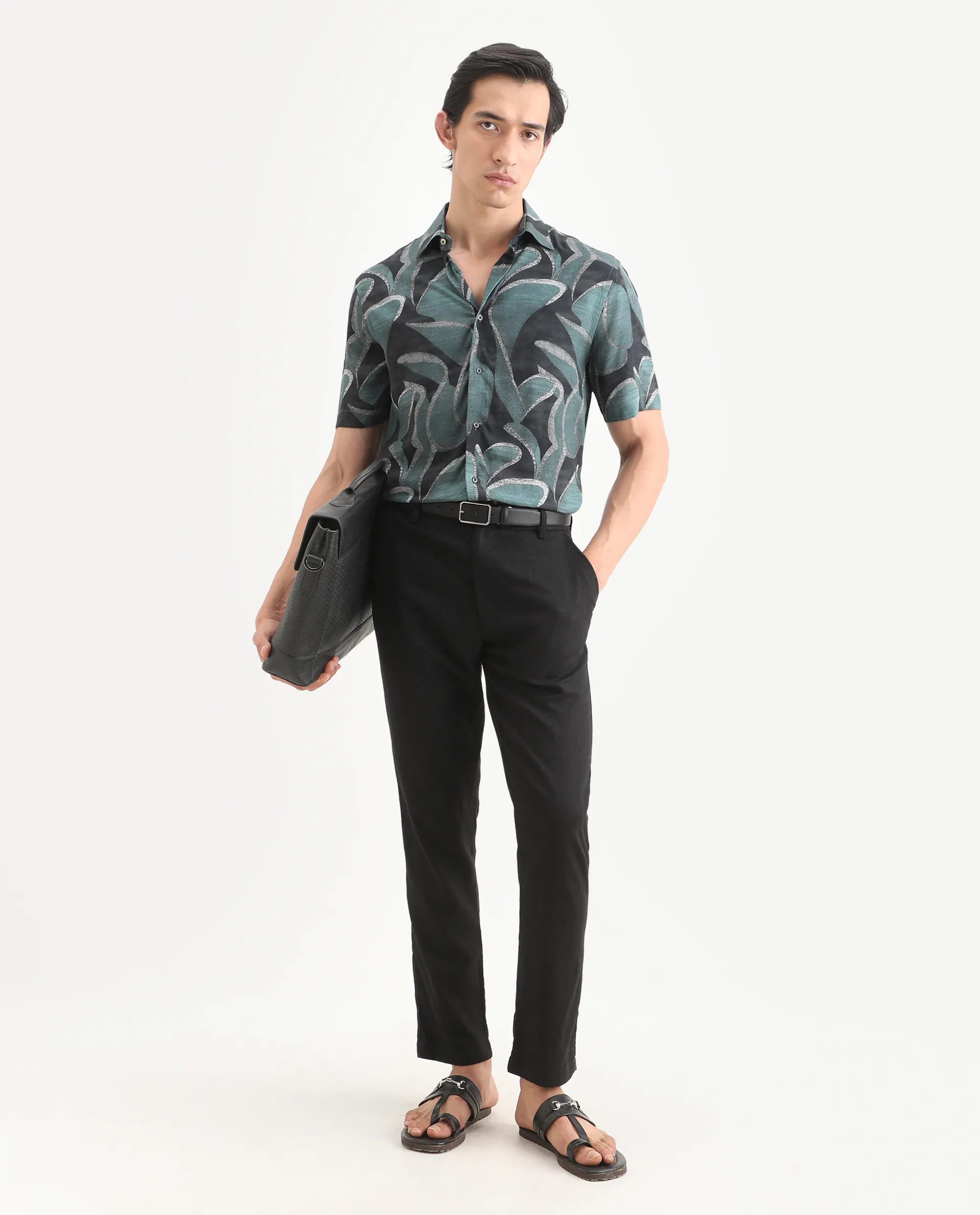 Rare Rabbit Men's Jorp Dusky Green Viscose Fabric Half Sleeve Spread Collar Regular Fit Abstract Print Shirt - Image 2