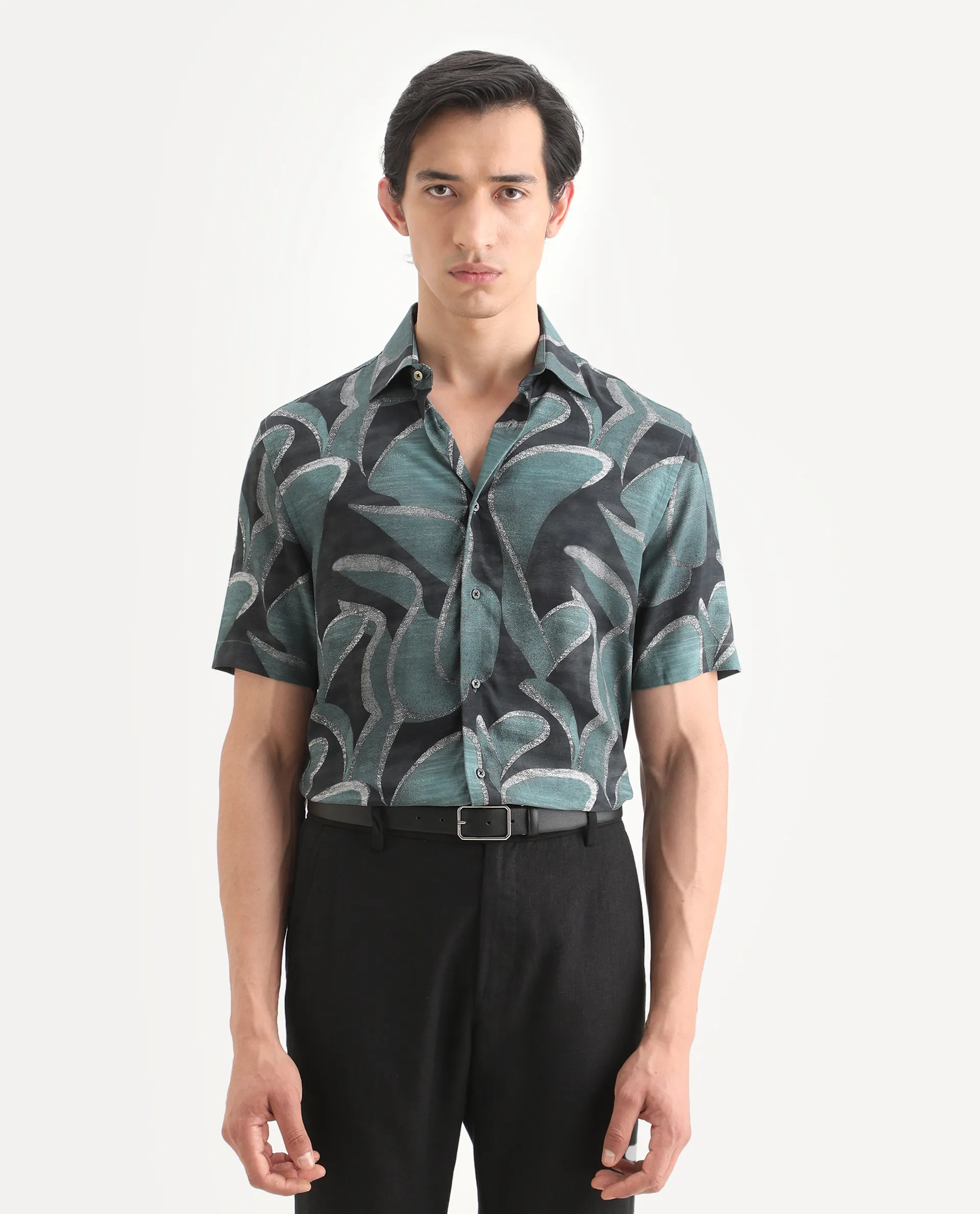 Rare Rabbit Men's Jorp Dusky Green Viscose Fabric Half Sleeve Spread Collar Regular Fit Abstract Print Shirt - Image 3