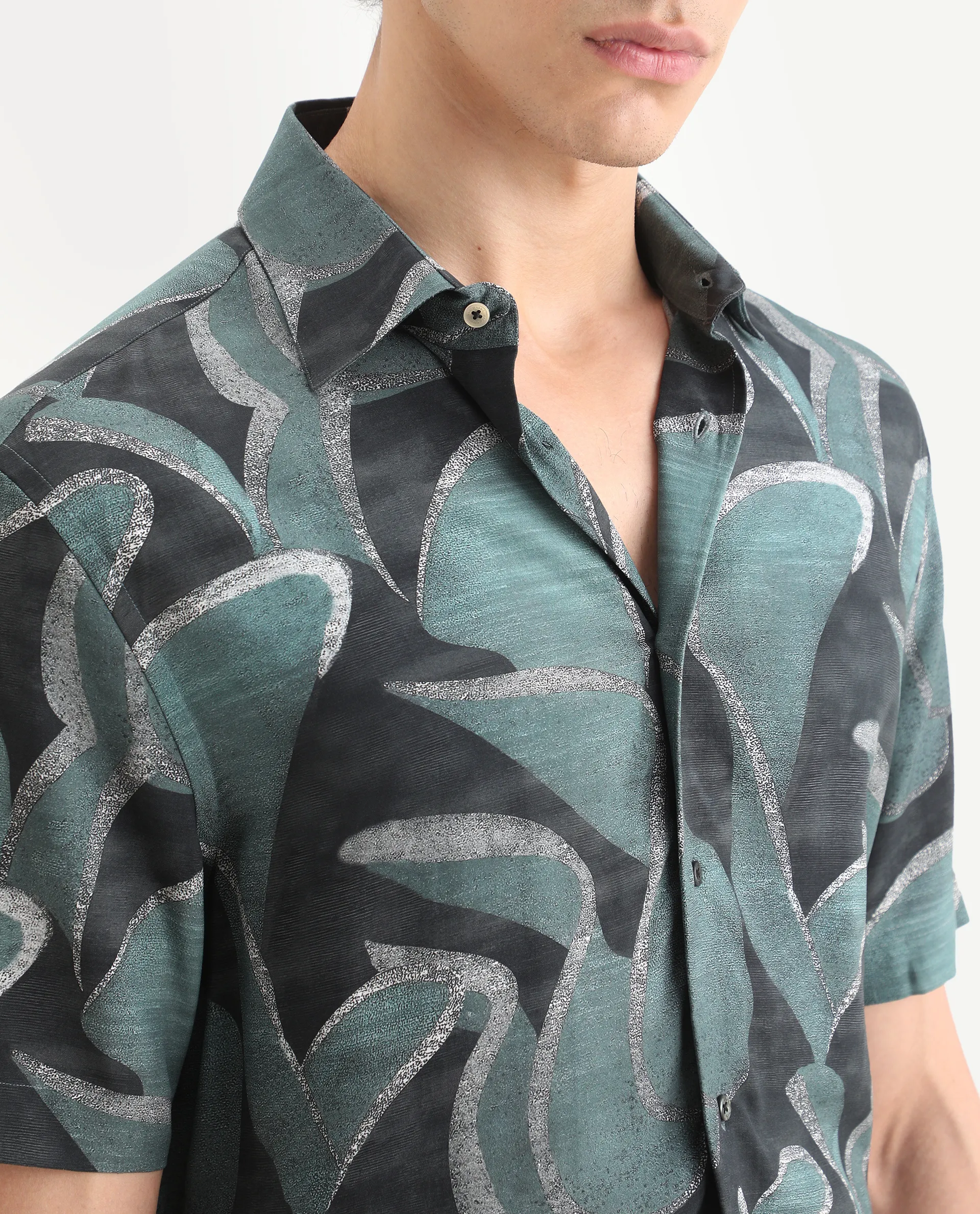 Rare Rabbit Men's Jorp Dusky Green Viscose Fabric Half Sleeve Spread Collar Regular Fit Abstract Print Shirt - Image 4