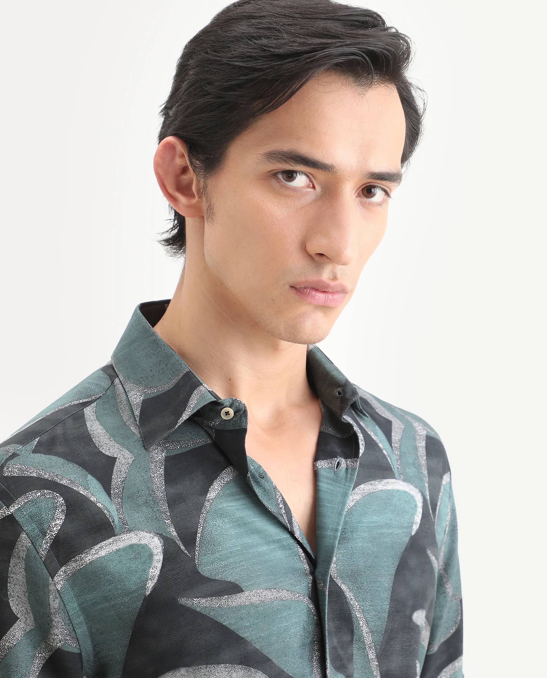 Rare Rabbit Men's Jorp Dusky Green Viscose Fabric Half Sleeve Spread Collar Regular Fit Abstract Print Shirt - Image 5
