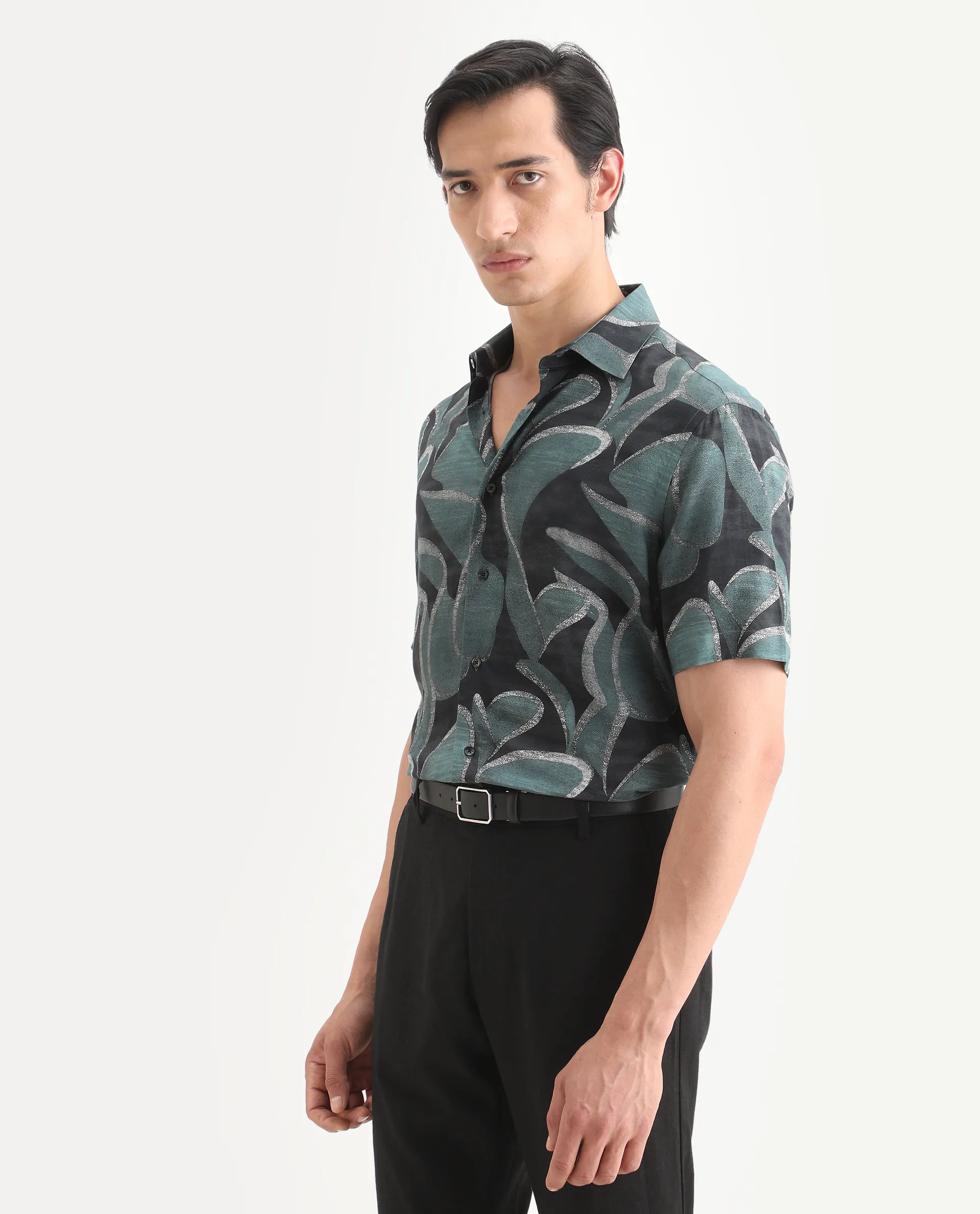 Rare Rabbit Men's Jorp Dusky Green Viscose Fabric Half Sleeve Spread Collar Regular Fit Abstract Print Shirt - Image 6