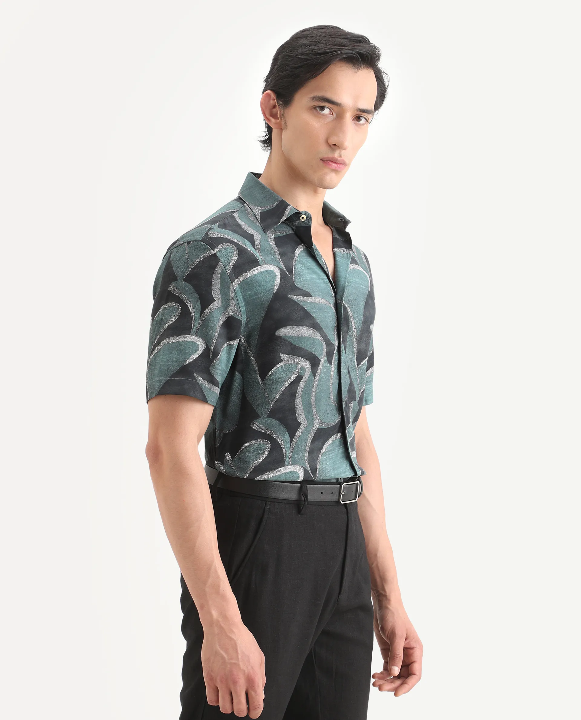 Rare Rabbit Men's Jorp Dusky Green Viscose Fabric Half Sleeve Spread Collar Regular Fit Abstract Print Shirt - Image 7