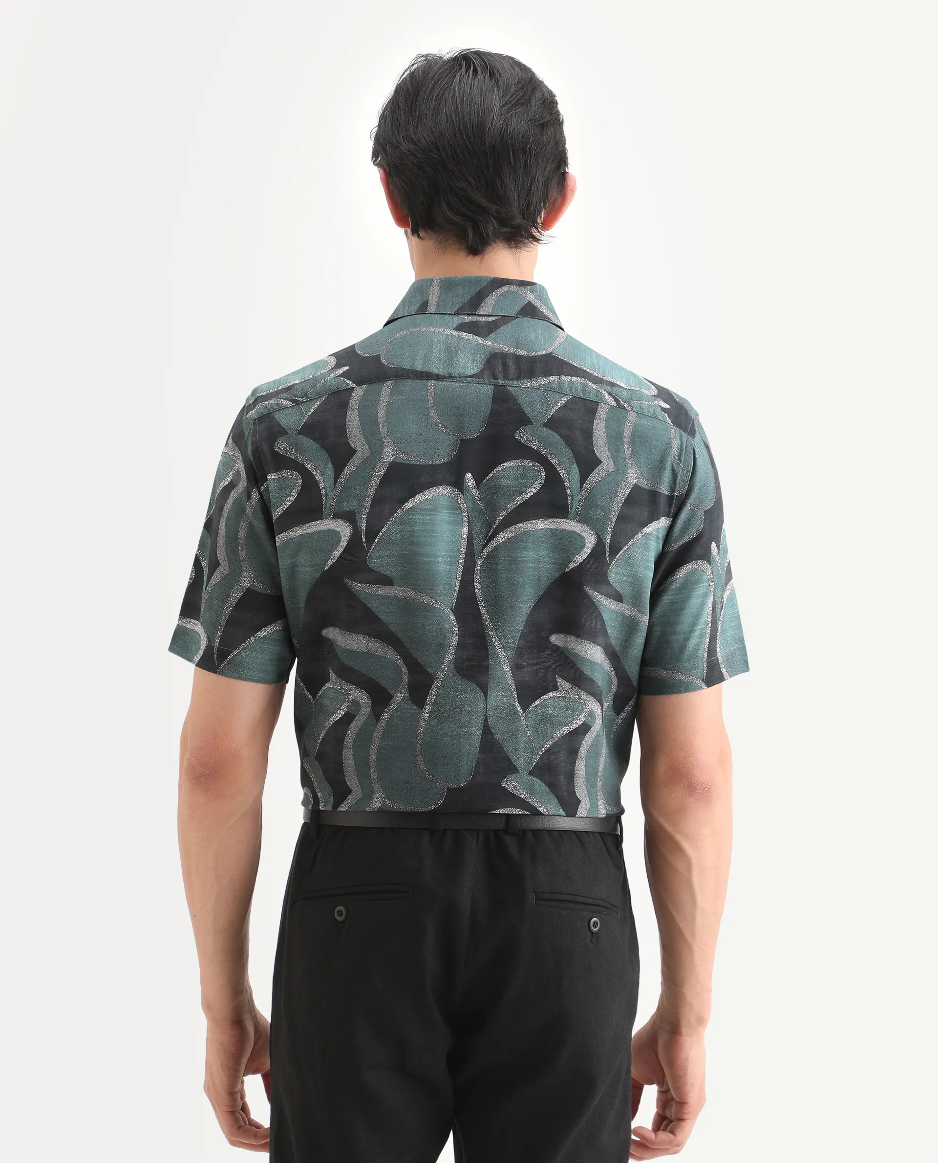 Rare Rabbit Men's Jorp Dusky Green Viscose Fabric Half Sleeve Spread Collar Regular Fit Abstract Print Shirt - Image 8
