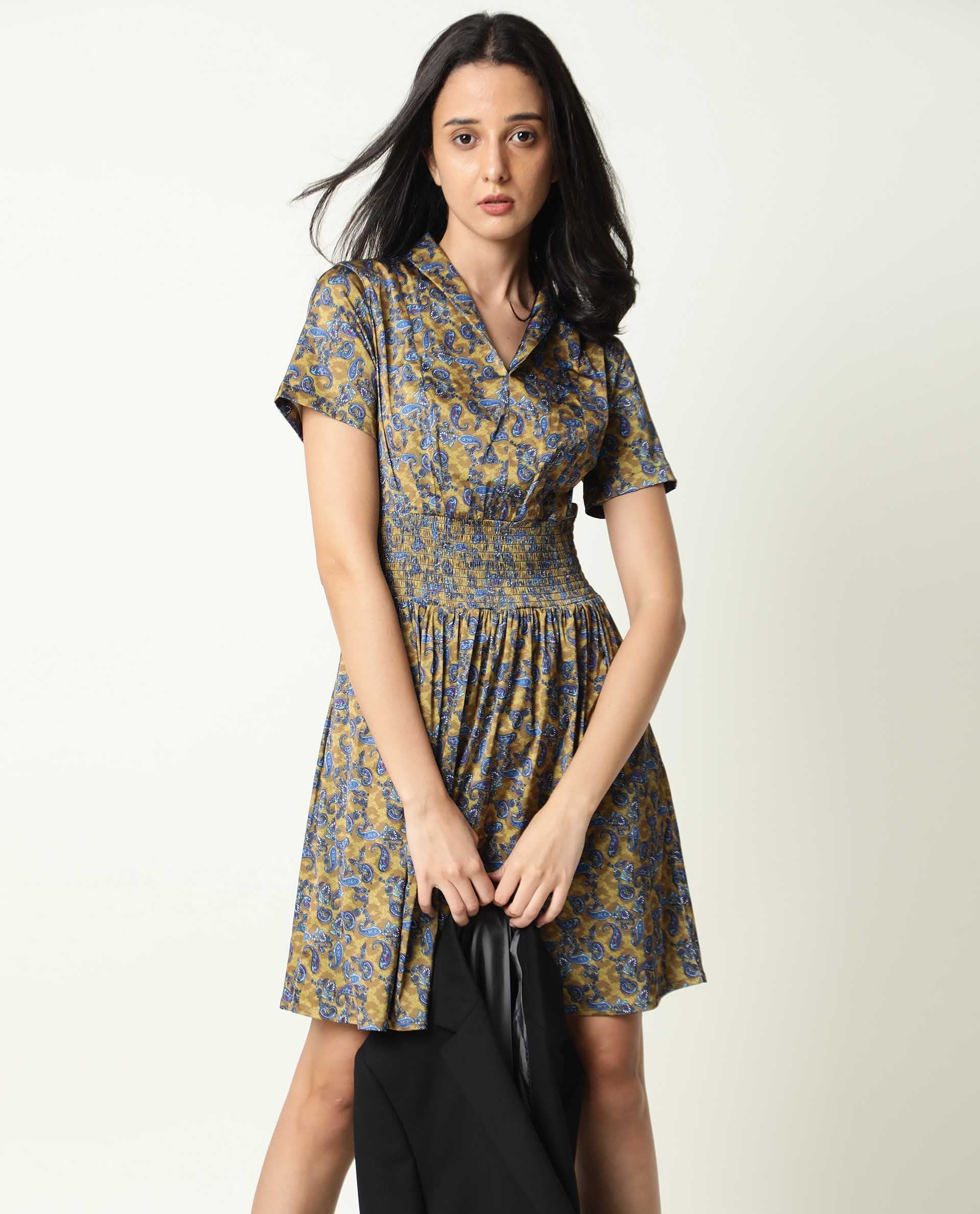 Rareism Women's Joss-Olive Modal V-Neck Abstract Print Mini Regular Fit Dress