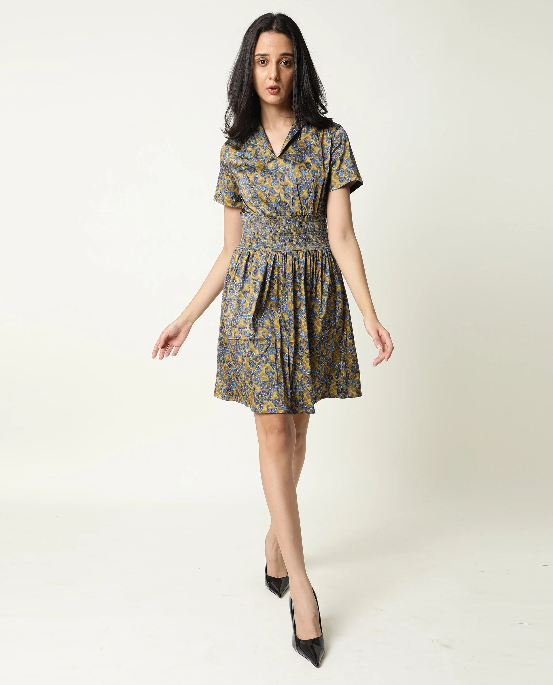 Rareism Women's Joss-Olive Modal V-Neck Abstract Print Mini Regular Fit Dress - Image 2