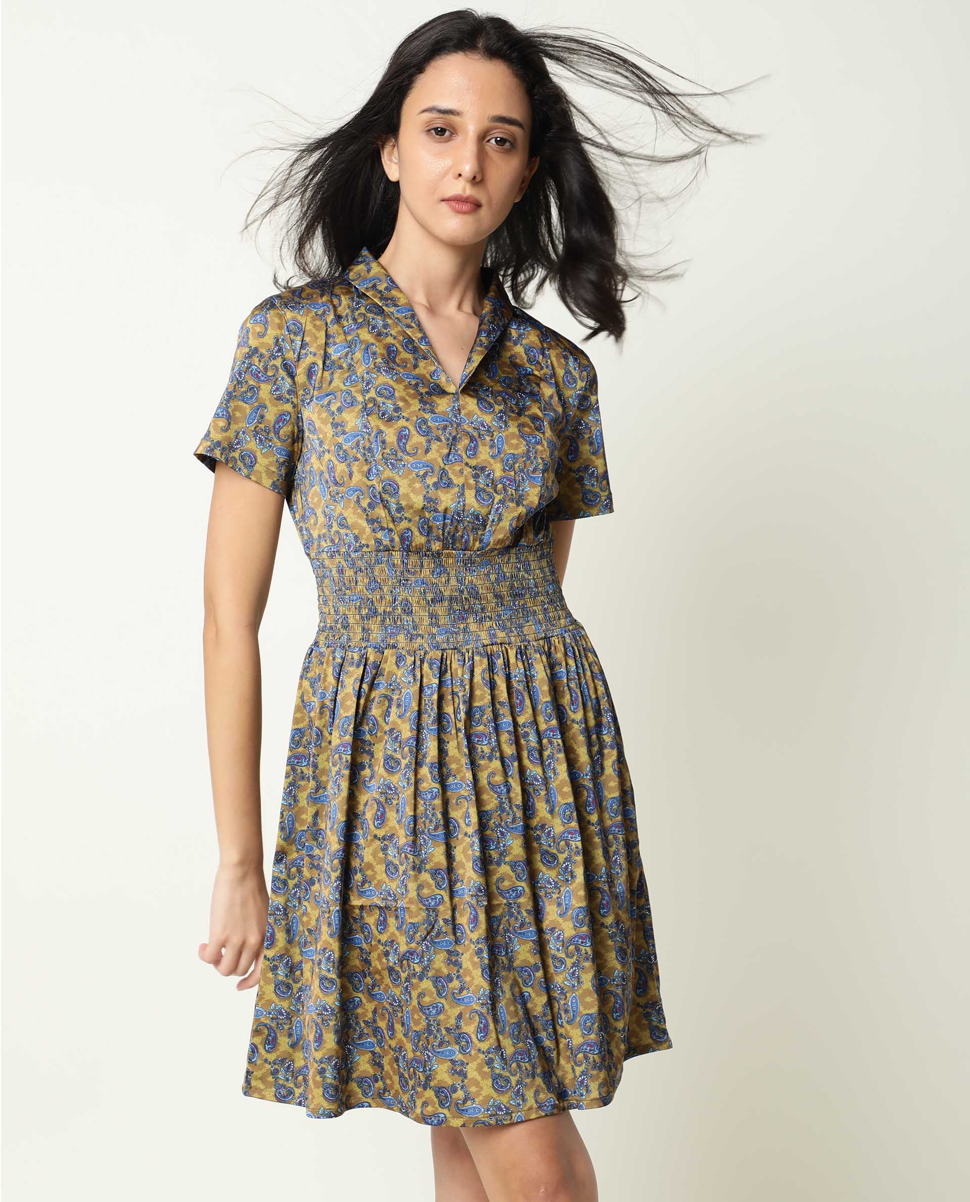 Rareism Women's Joss-Olive Modal V-Neck Abstract Print Mini Regular Fit Dress - Image 3