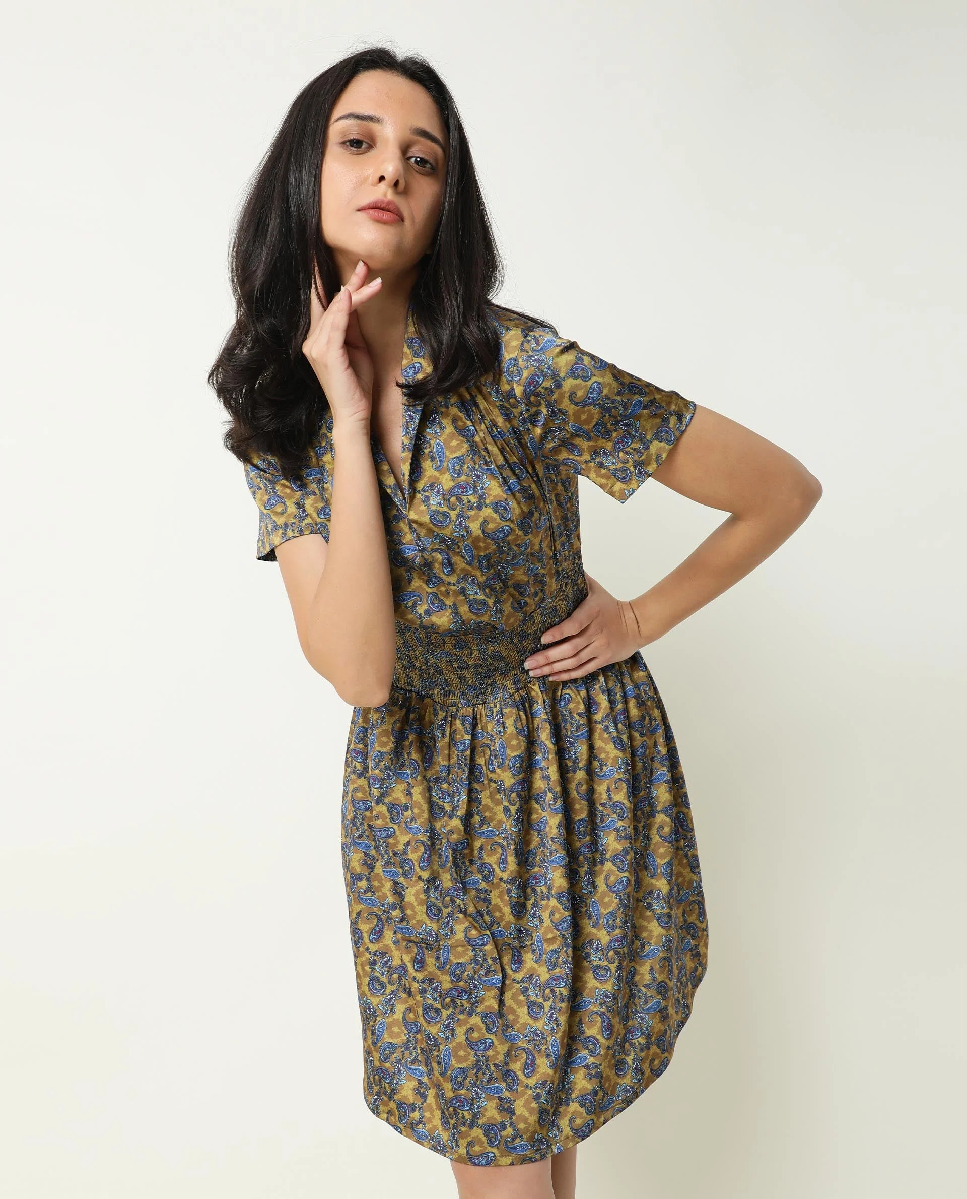 Rareism Women's Joss-Olive Modal V-Neck Abstract Print Mini Regular Fit Dress - Image 4