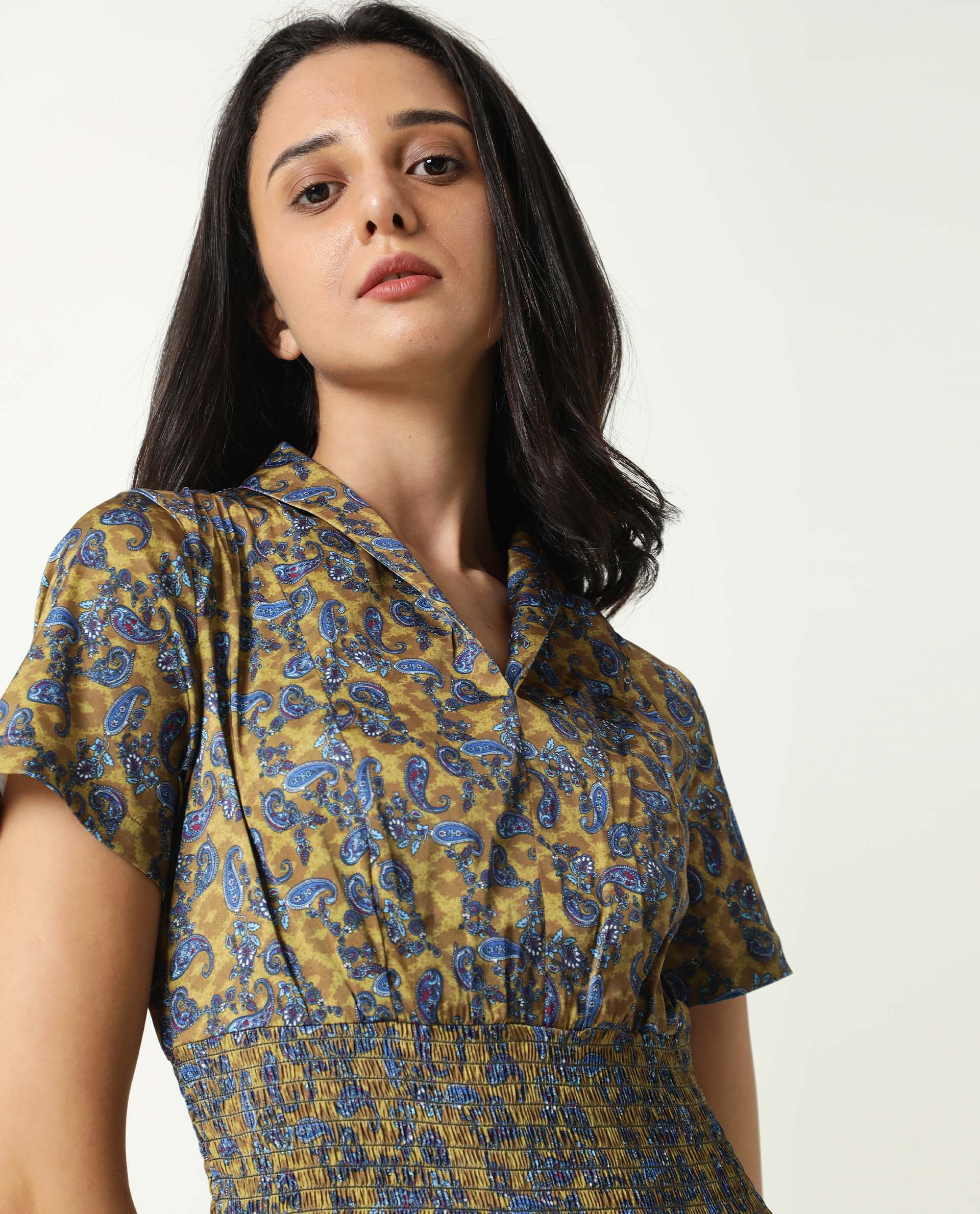 Rareism Women's Joss-Olive Modal V-Neck Abstract Print Mini Regular Fit Dress - Image 6