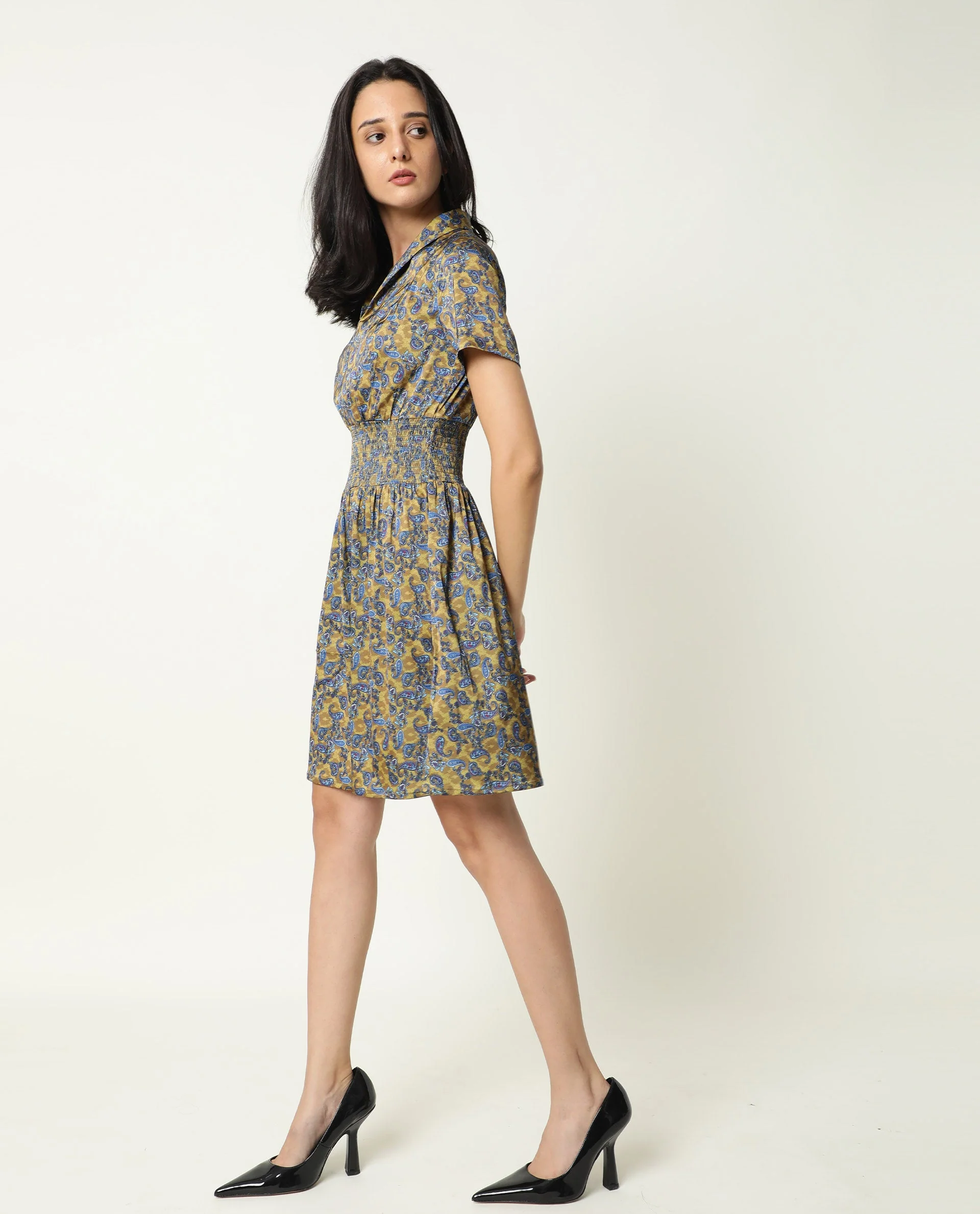 Rareism Women's Joss-Olive Modal V-Neck Abstract Print Mini Regular Fit Dress - Image 7