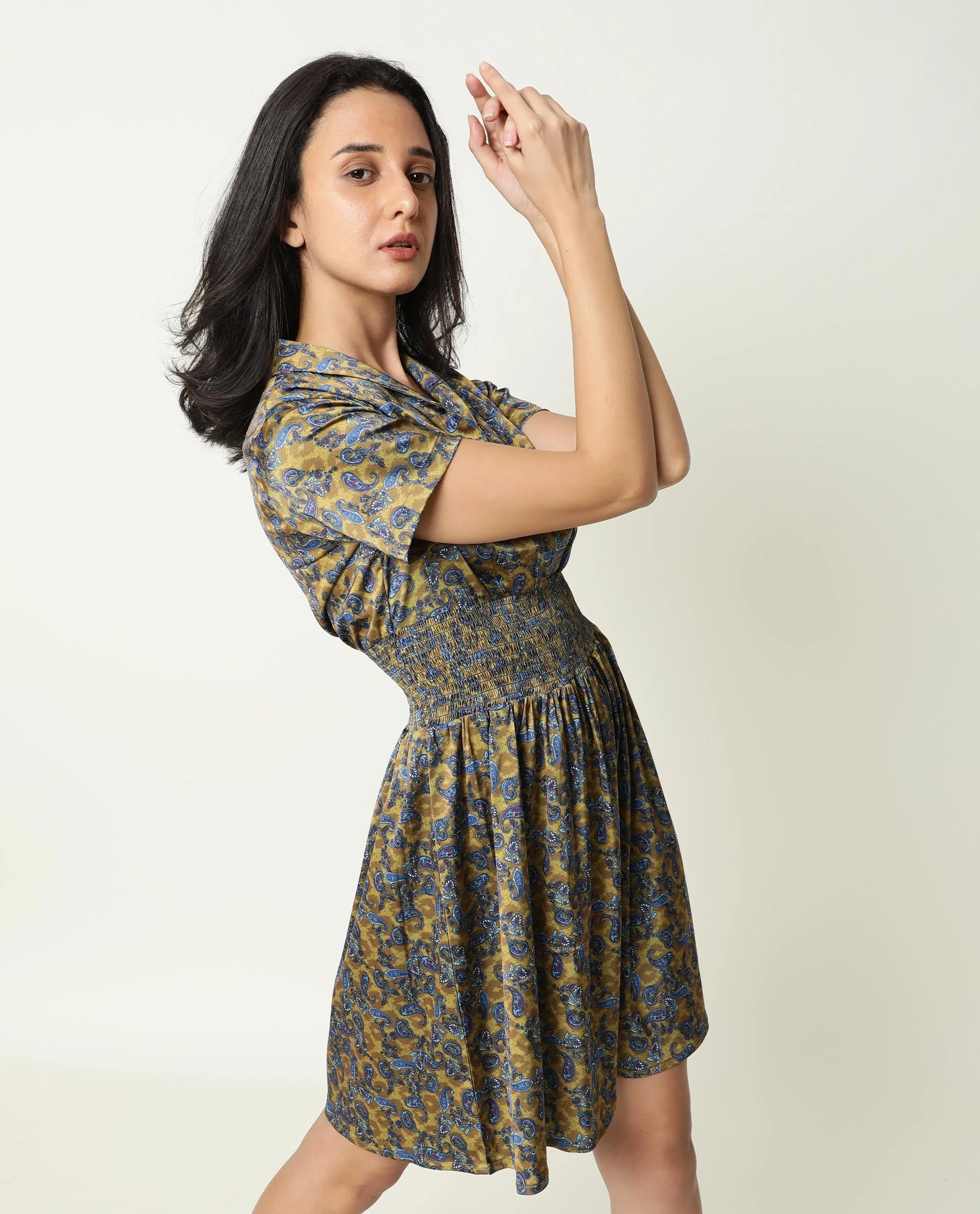 Rareism Women's Joss-Olive Modal V-Neck Abstract Print Mini Regular Fit Dress - Image 8