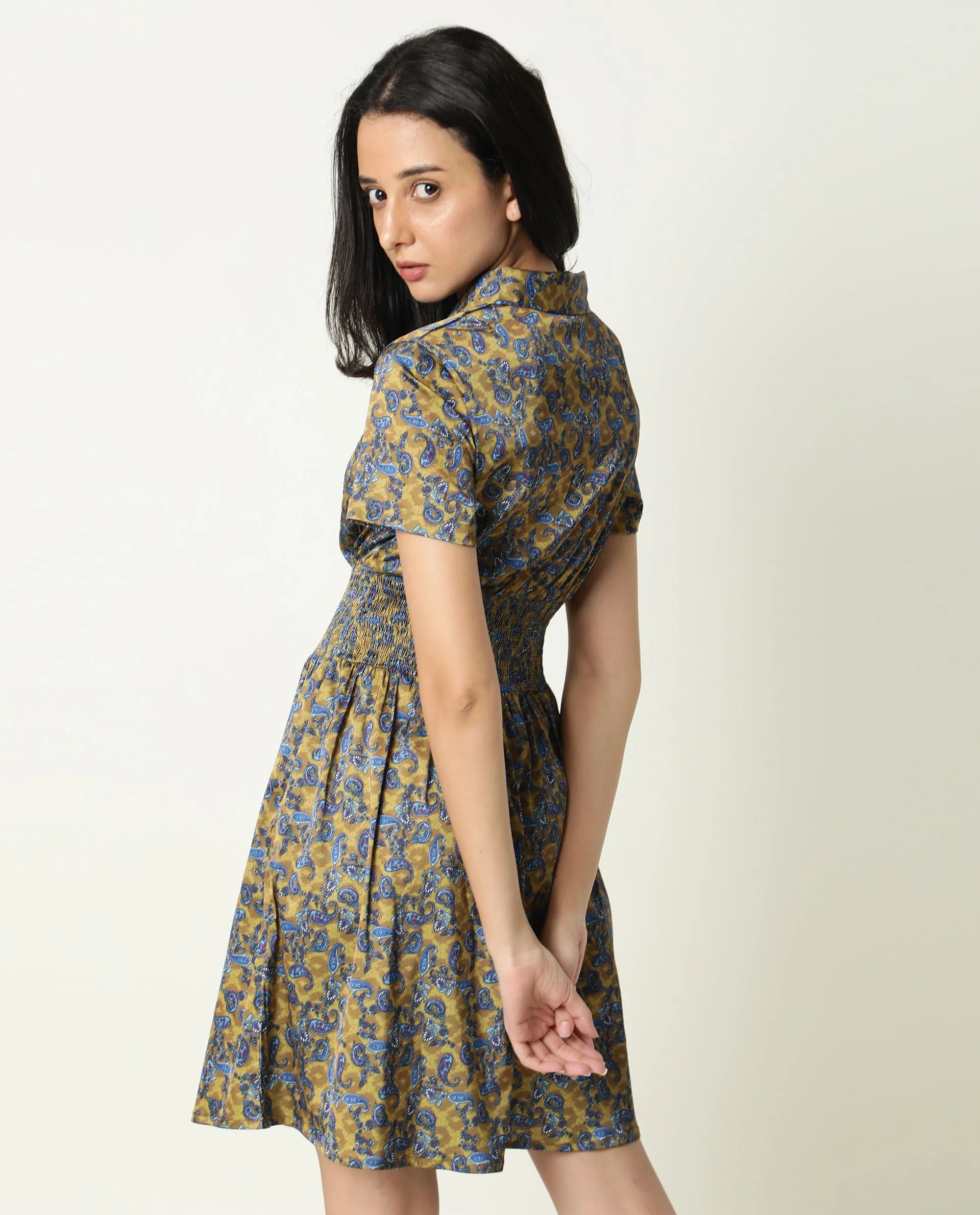 Rareism Women's Joss-Olive Modal V-Neck Abstract Print Mini Regular Fit Dress - Image 9