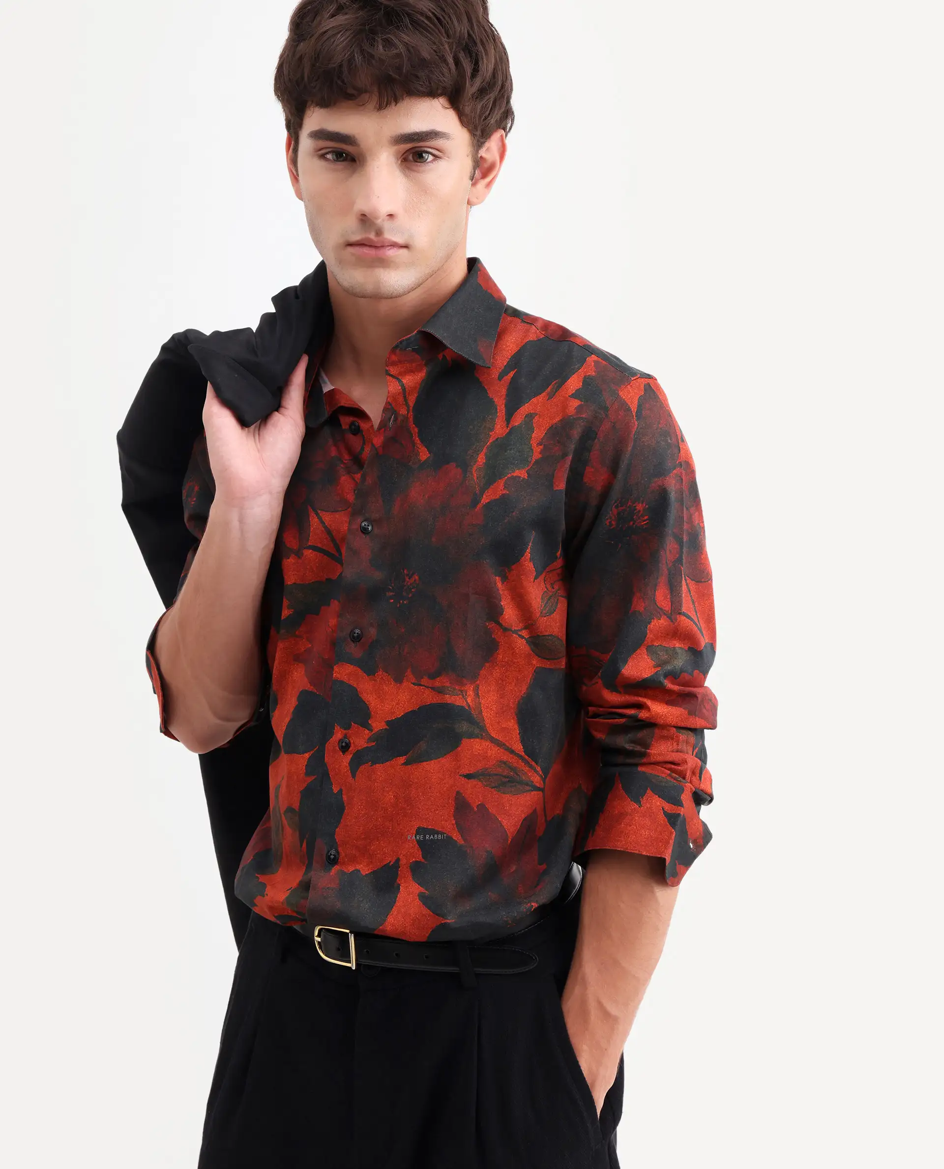 Rare Rabbit Men's Jossi Red Cotton Fabric Full Sleeve Regular Fit Floral Print Shirt