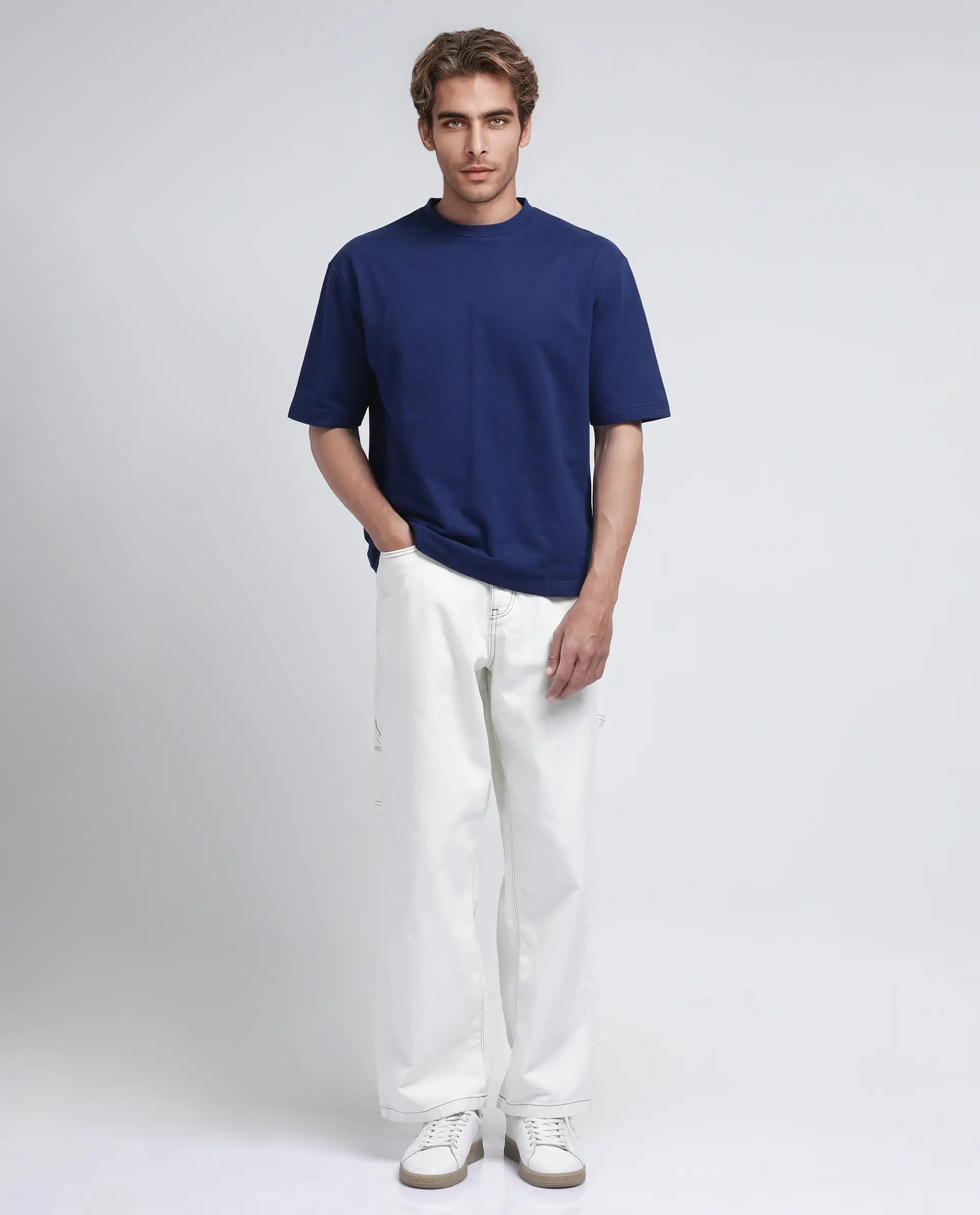 Rare Rabbit Men's Jot Blue Cotton Graphic Print Oversized Fit Half Sleeve Crew Neck T-Shirt - Image 2