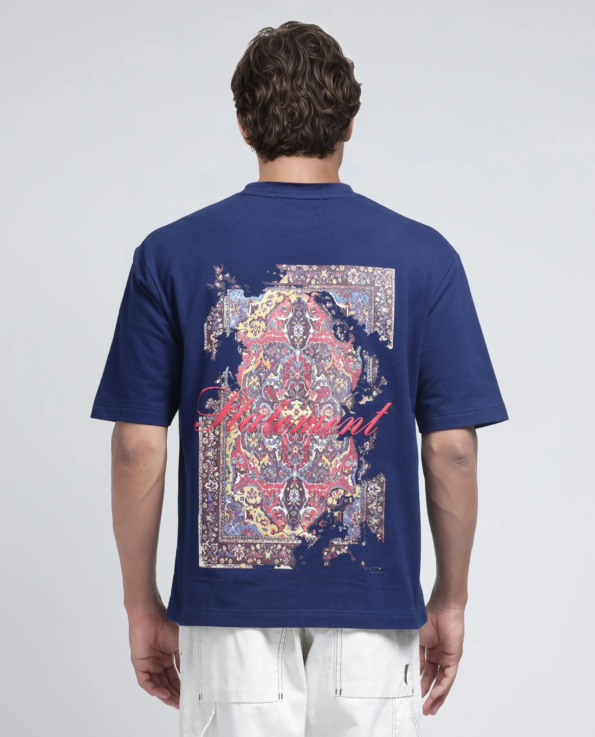 Rare Rabbit Men's Jot Blue Cotton Graphic Print Oversized Fit Half Sleeve Crew Neck T-Shirt - Image 8