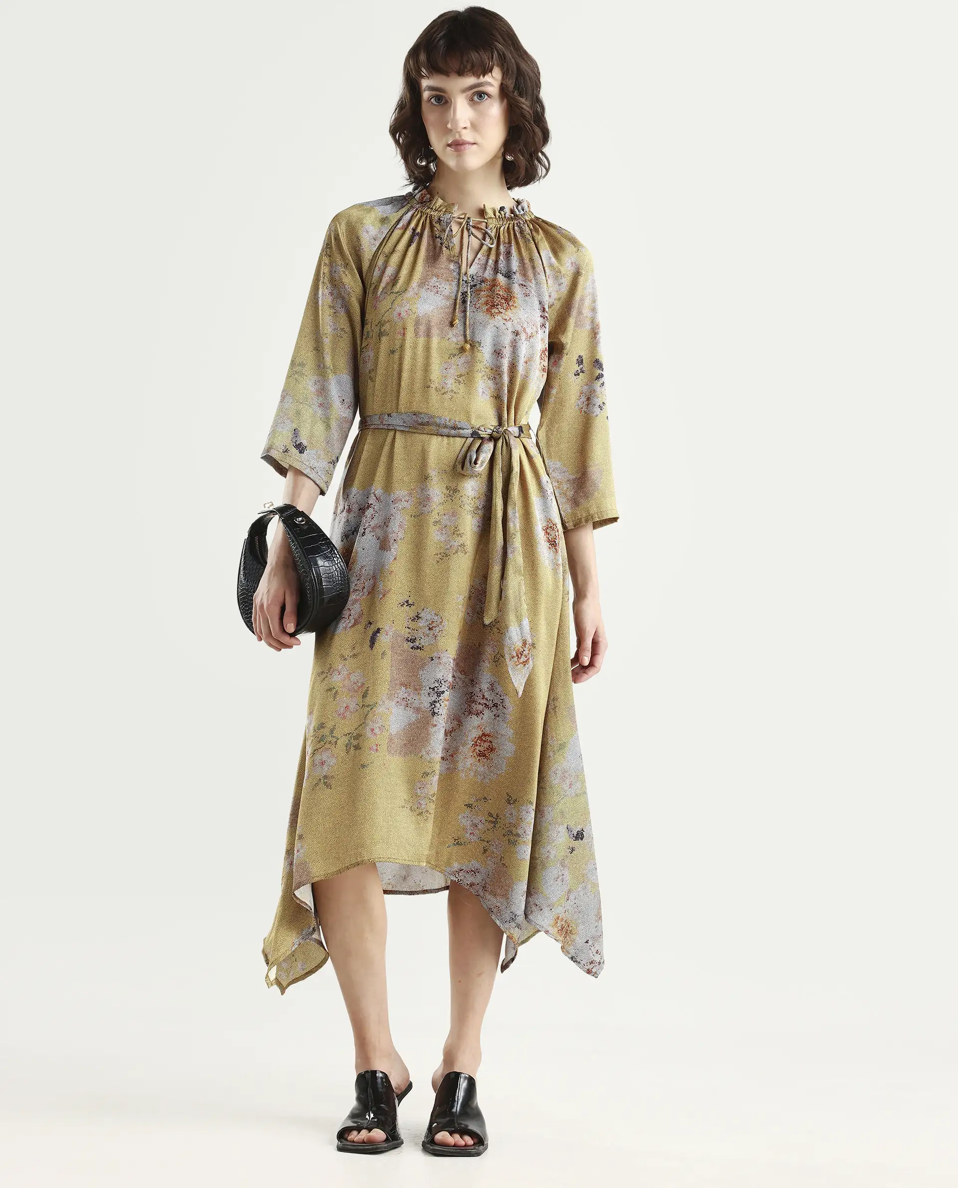 Rareism Women's Journee Yellow Polyester Sweetheart Neck Floral Print Midi Regular Fit Dress - Image 2