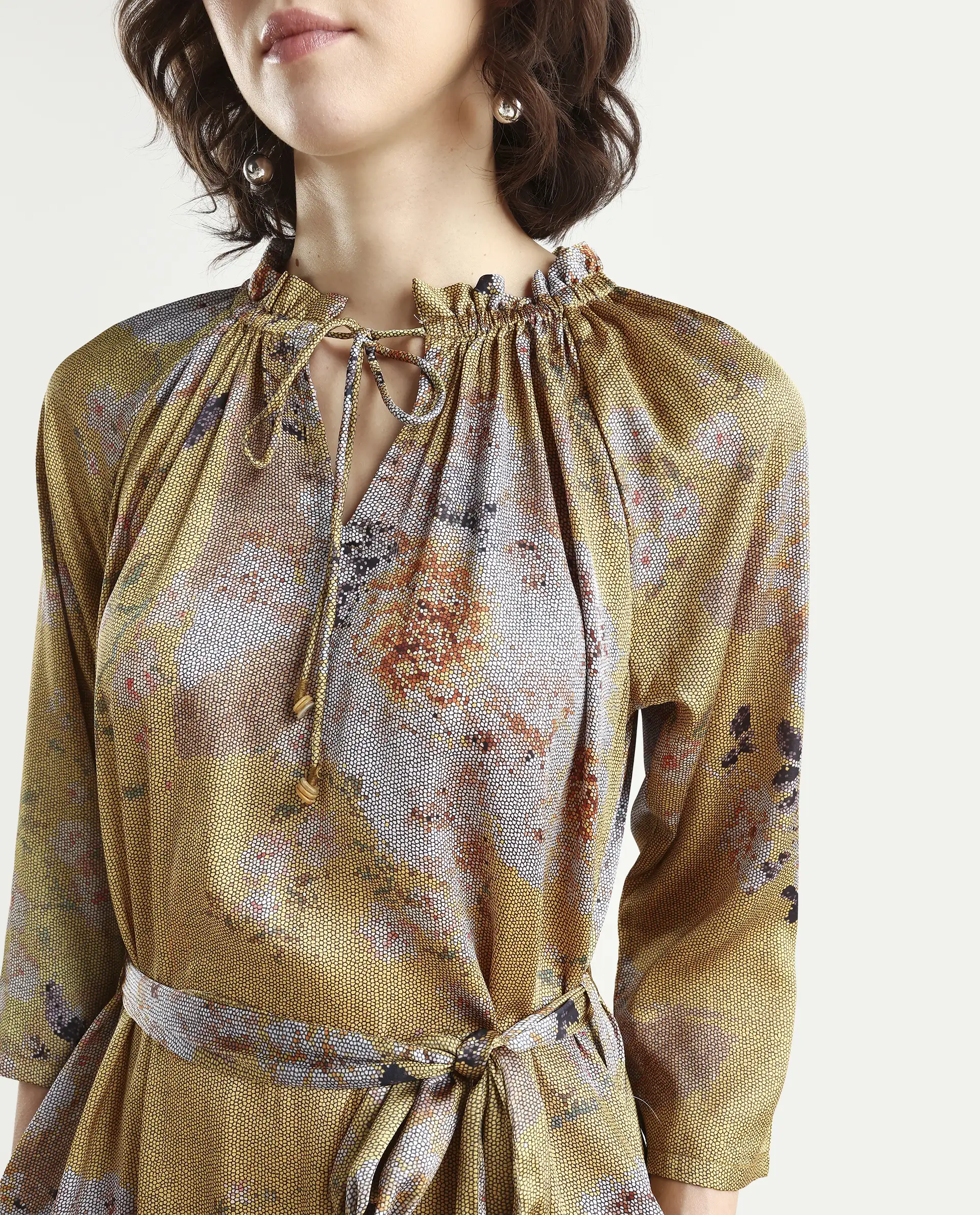 Rareism Women's Journee Yellow Polyester Sweetheart Neck Floral Print Midi Regular Fit Dress - Image 3