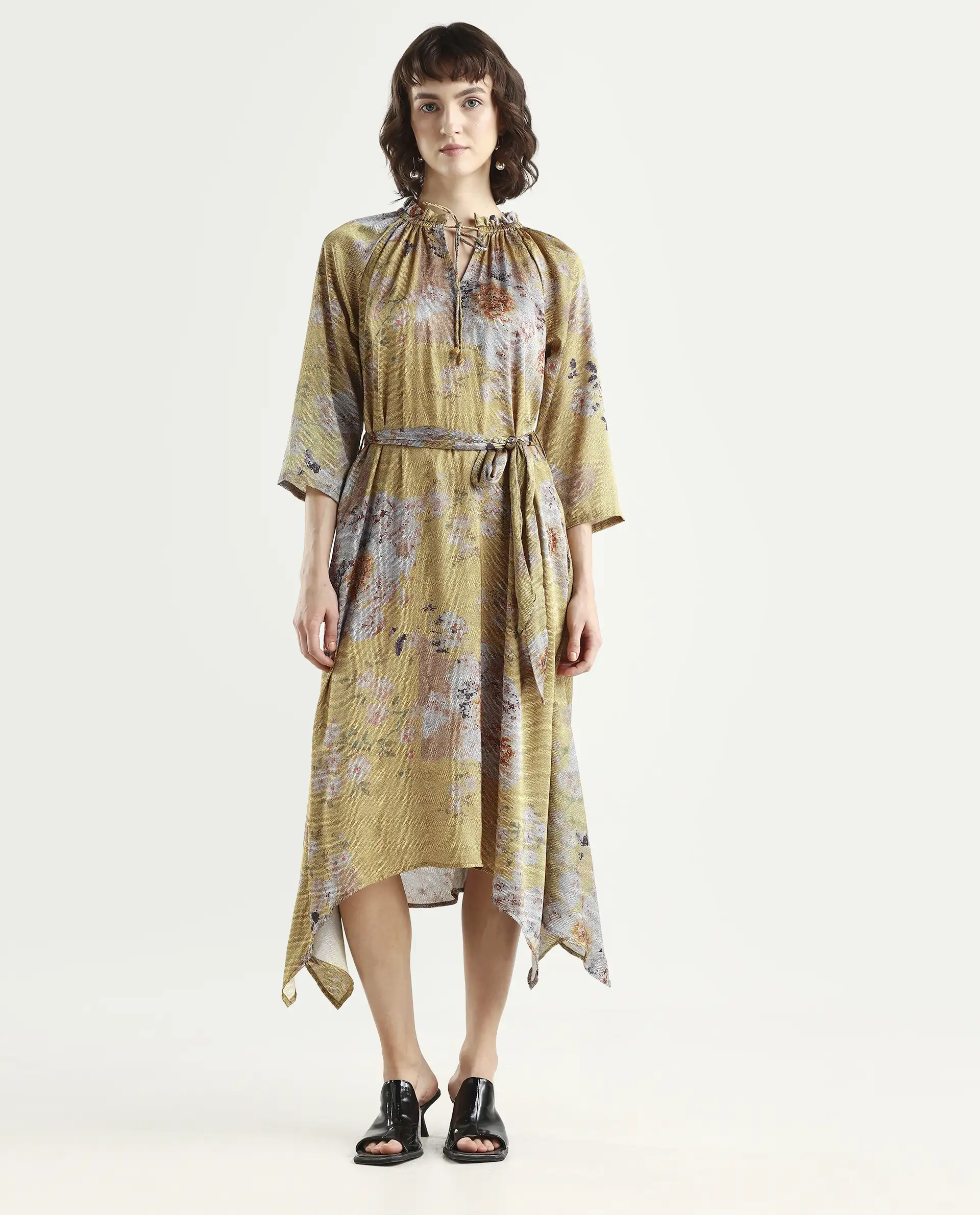 Rareism Women's Journee Yellow Polyester Sweetheart Neck Floral Print Midi Regular Fit Dress - Image 4