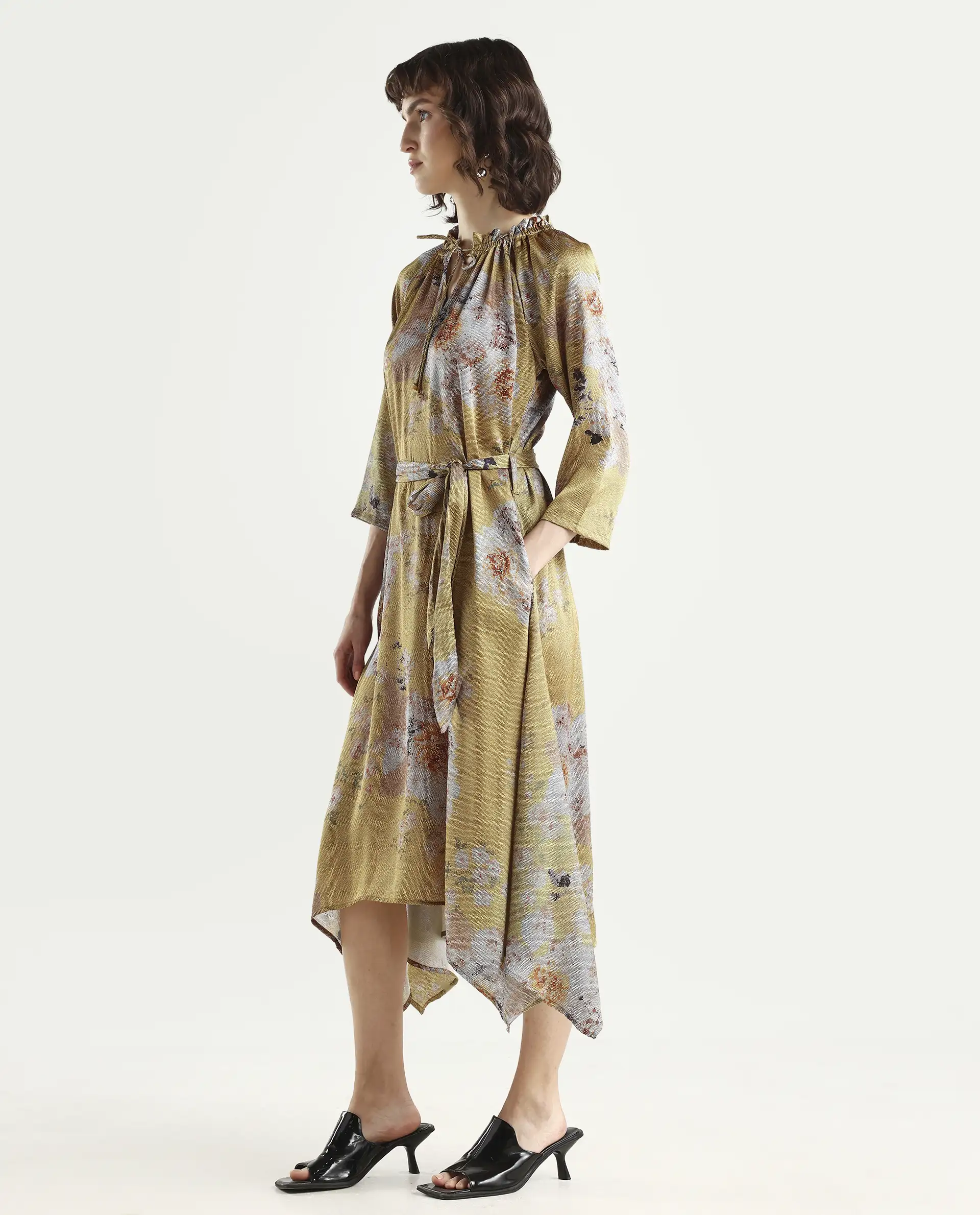 Rareism Women's Journee Yellow Polyester Sweetheart Neck Floral Print Midi Regular Fit Dress - Image 5
