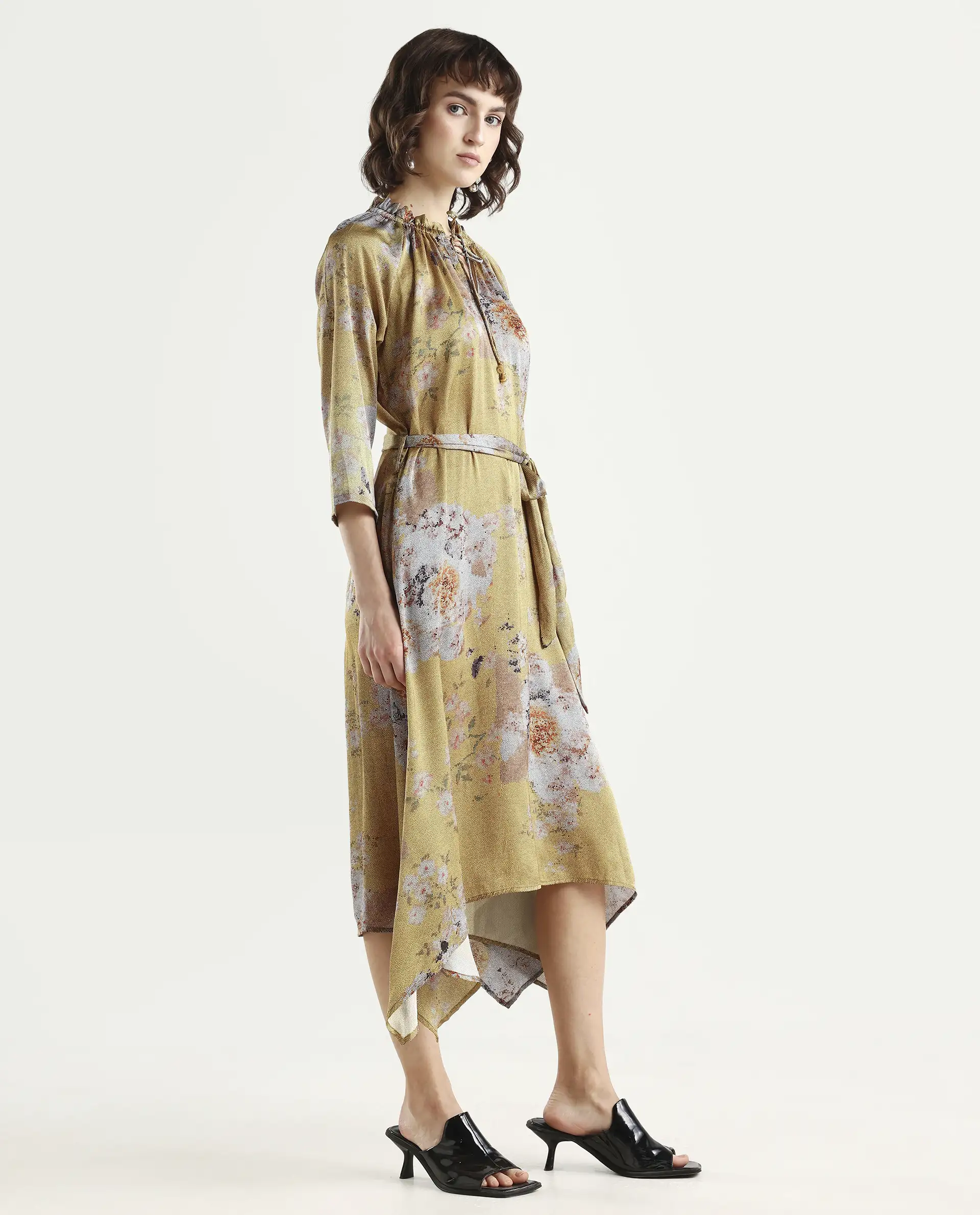 Rareism Women's Journee Yellow Polyester Sweetheart Neck Floral Print Midi Regular Fit Dress - Image 6