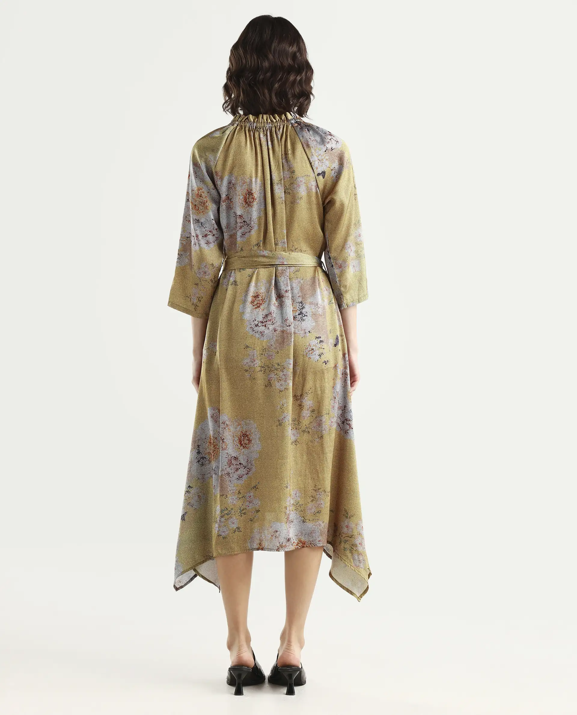 Rareism Women's Journee Yellow Polyester Sweetheart Neck Floral Print Midi Regular Fit Dress - Image 7