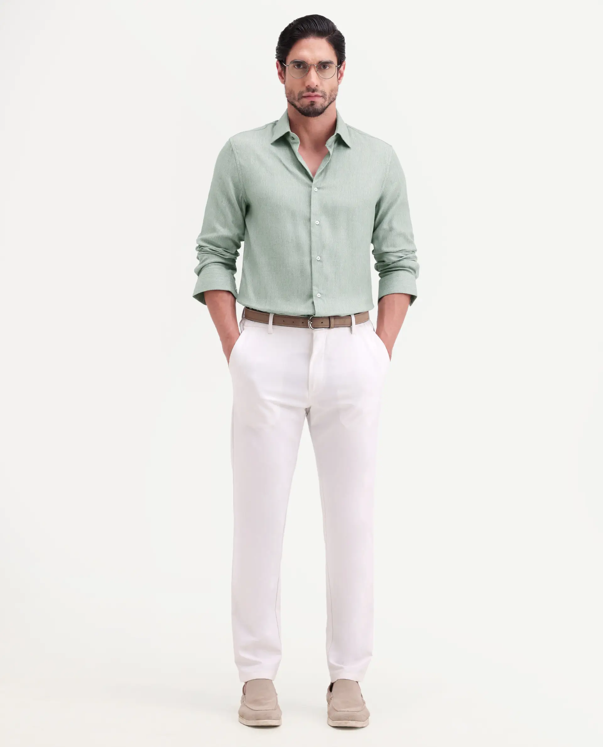 Rare Rabbit Men's Jovi Dusky Green Cotton Blend Fabric Full Sleeve Spread Collar Button Regular Plain Shirt - Image 2