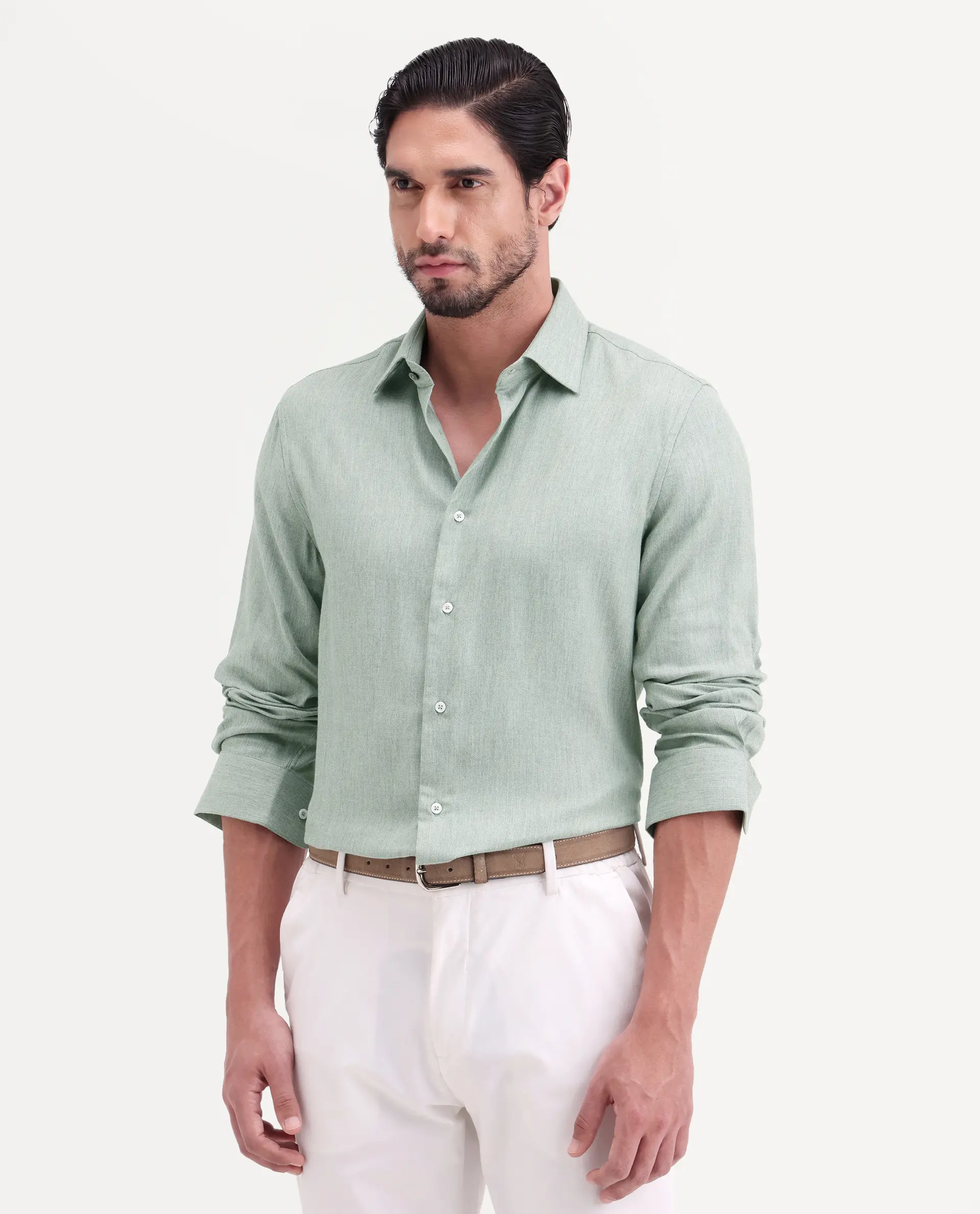 Rare Rabbit Men's Jovi Dusky Green Cotton Blend Fabric Full Sleeve Spread Collar Button Regular Plain Shirt - Image 4