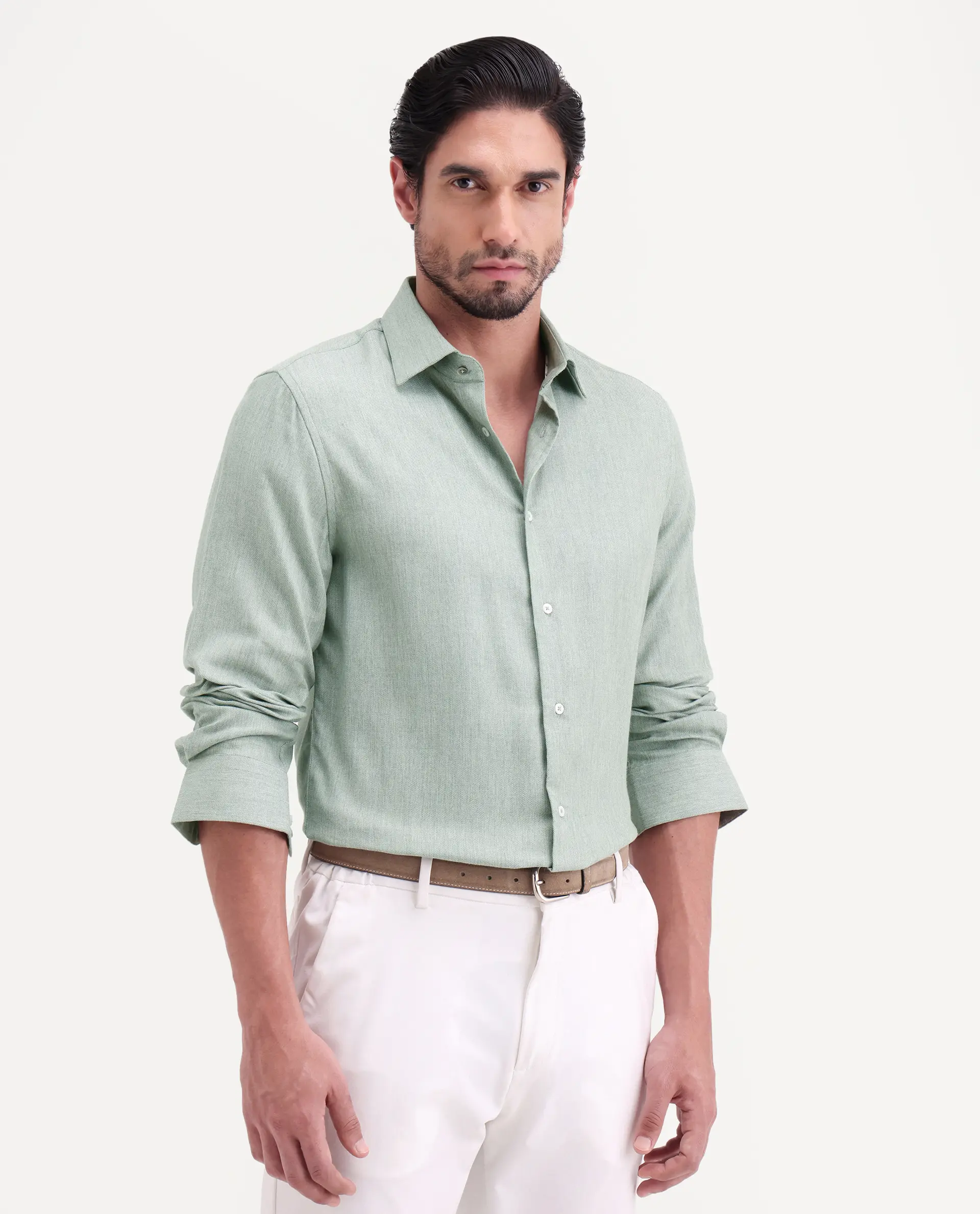 Rare Rabbit Men's Jovi Dusky Green Cotton Blend Fabric Full Sleeve Spread Collar Button Regular Plain Shirt - Image 5