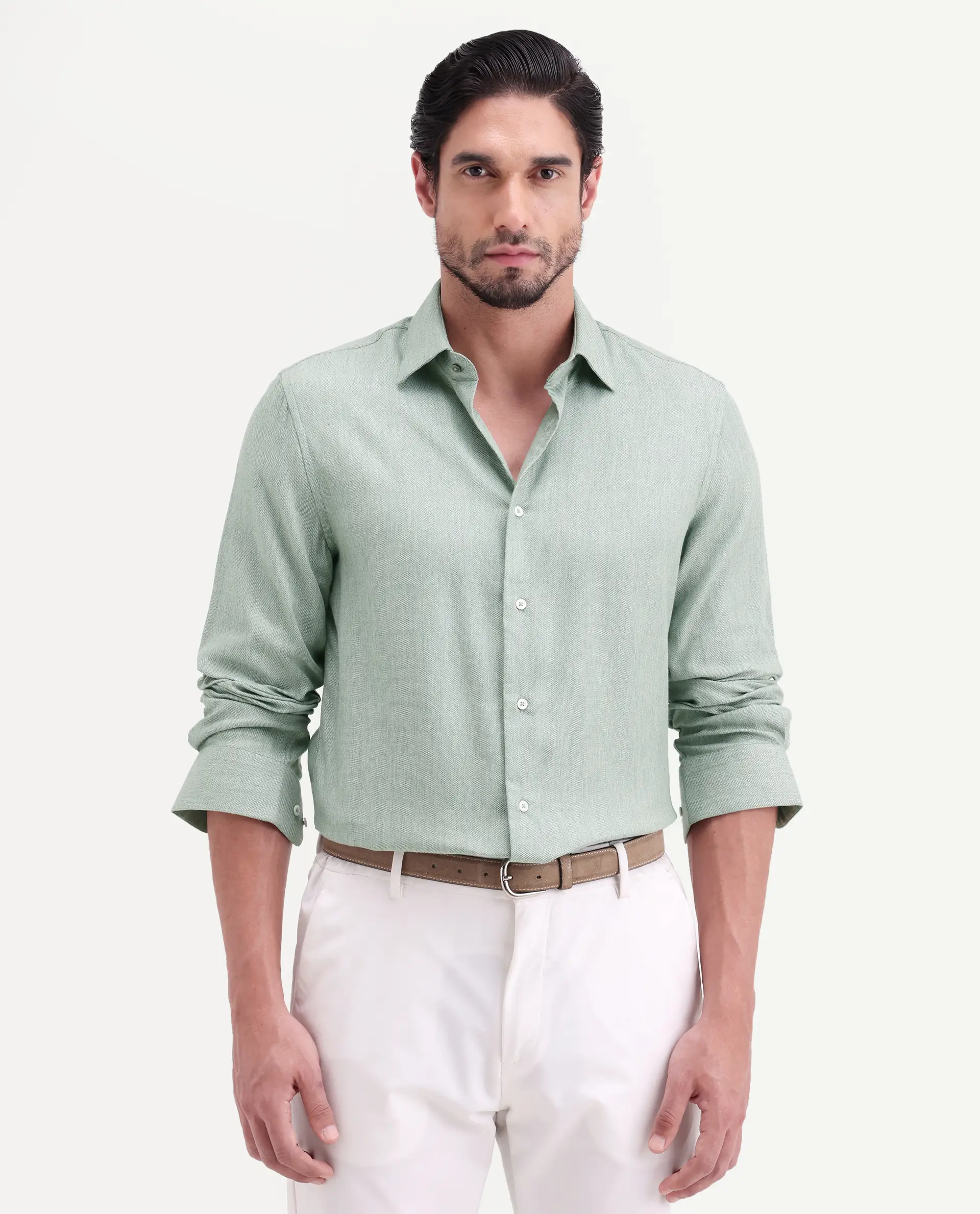 Rare Rabbit Men's Jovi Dusky Green Cotton Blend Fabric Full Sleeve Spread Collar Button Regular Plain Shirt - Image 6