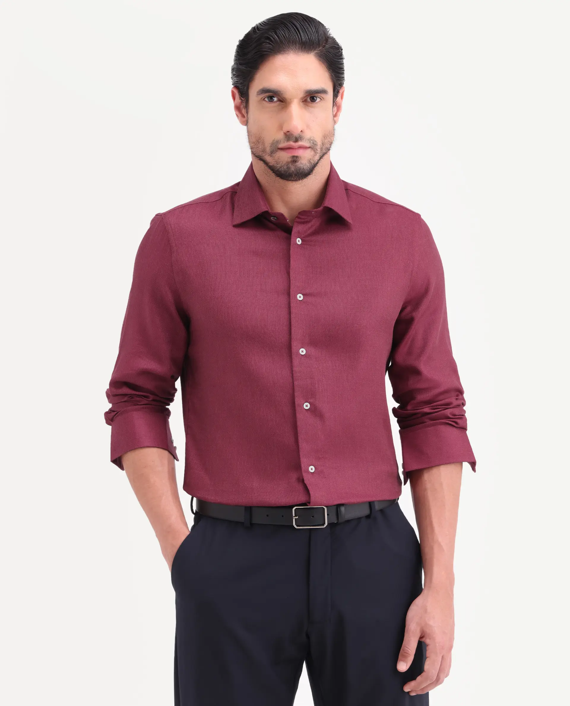 Rare Rabbit Men's Jovi Dusky Red Cotton Blend Fabric Full Sleeve Spread Collar Button Regular Plain Shirt - Image 4