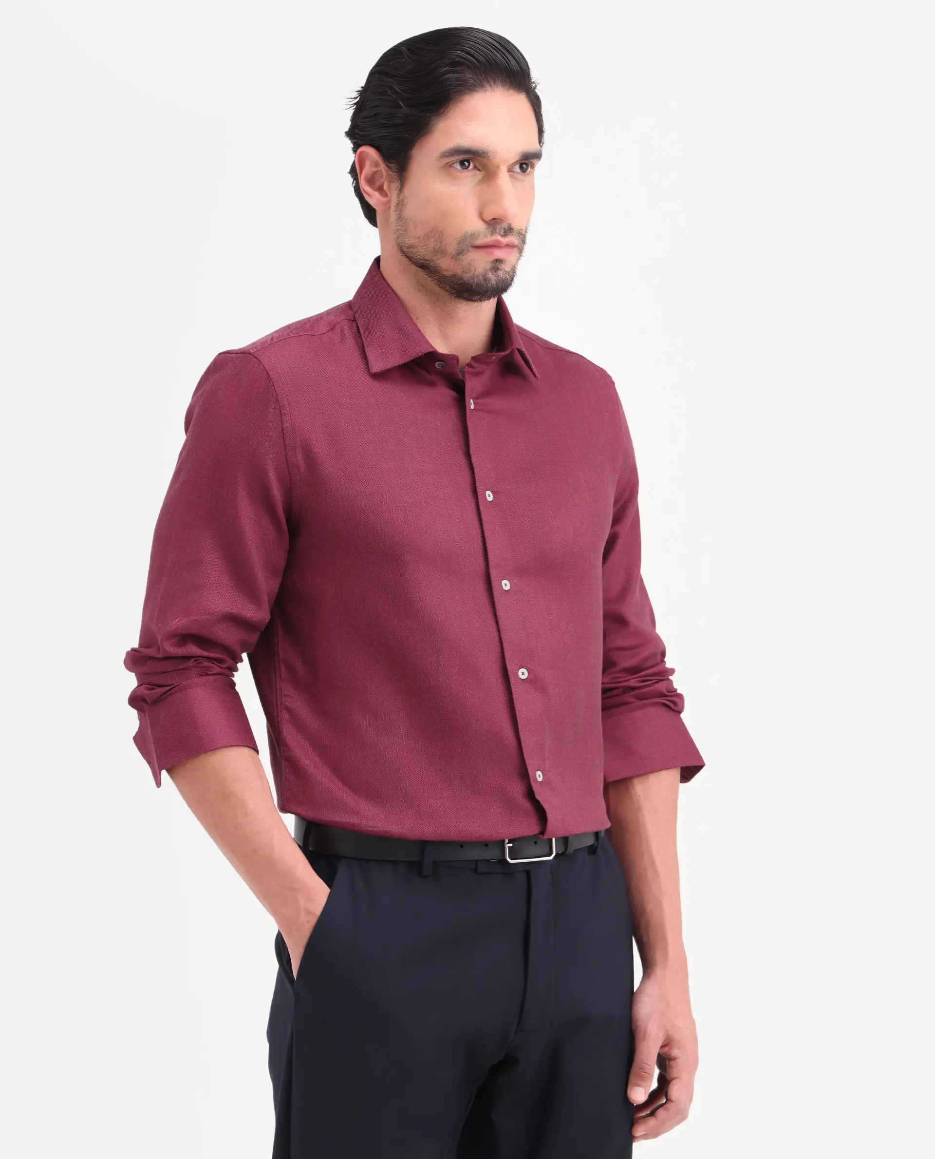 Rare Rabbit Men's Jovi Dusky Red Cotton Blend Fabric Full Sleeve Spread Collar Button Regular Plain Shirt - Image 5