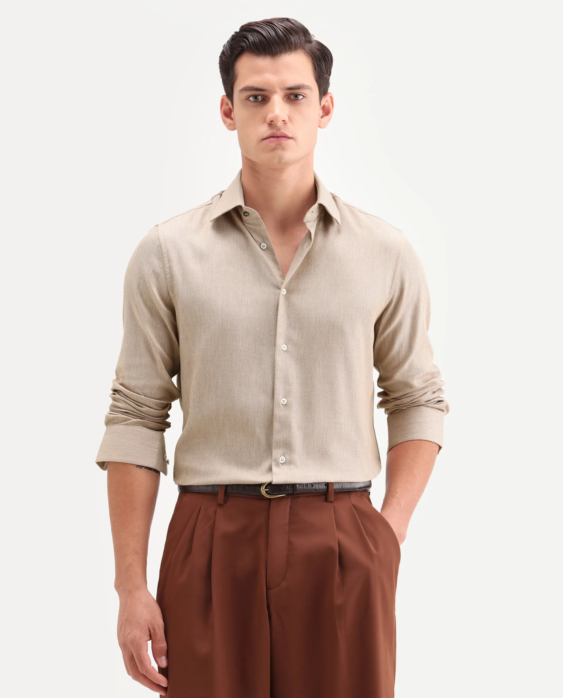 Rare Rabbit Men's Jovi Light Beige Cotton Blend Fabric Full Sleeve Spread Collar Button Regular Plain Shirt - Image 4