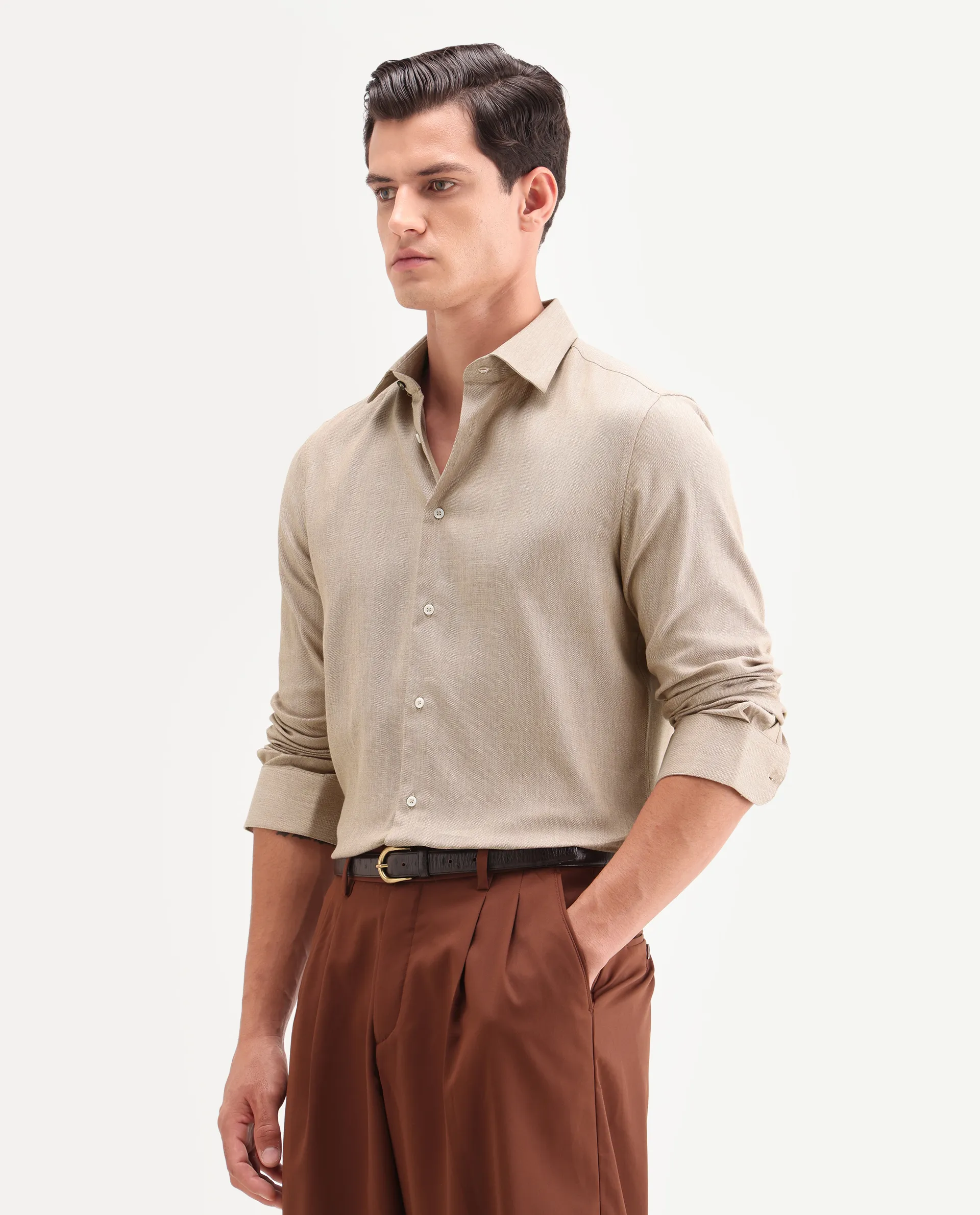 Rare Rabbit Men's Jovi Light Beige Cotton Blend Fabric Full Sleeve Spread Collar Button Regular Plain Shirt - Image 5