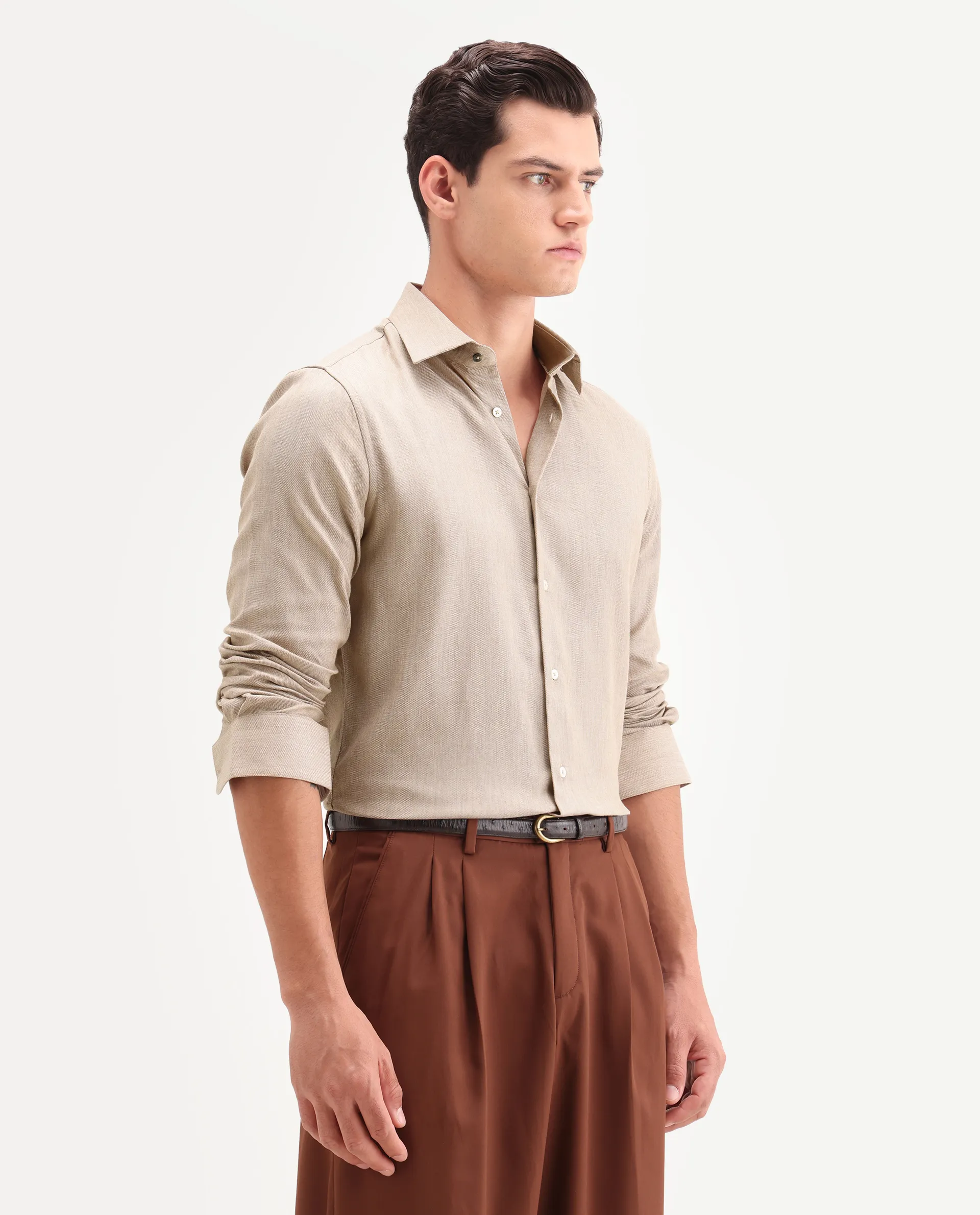 Rare Rabbit Men's Jovi Light Beige Cotton Blend Fabric Full Sleeve Spread Collar Button Regular Plain Shirt - Image 6