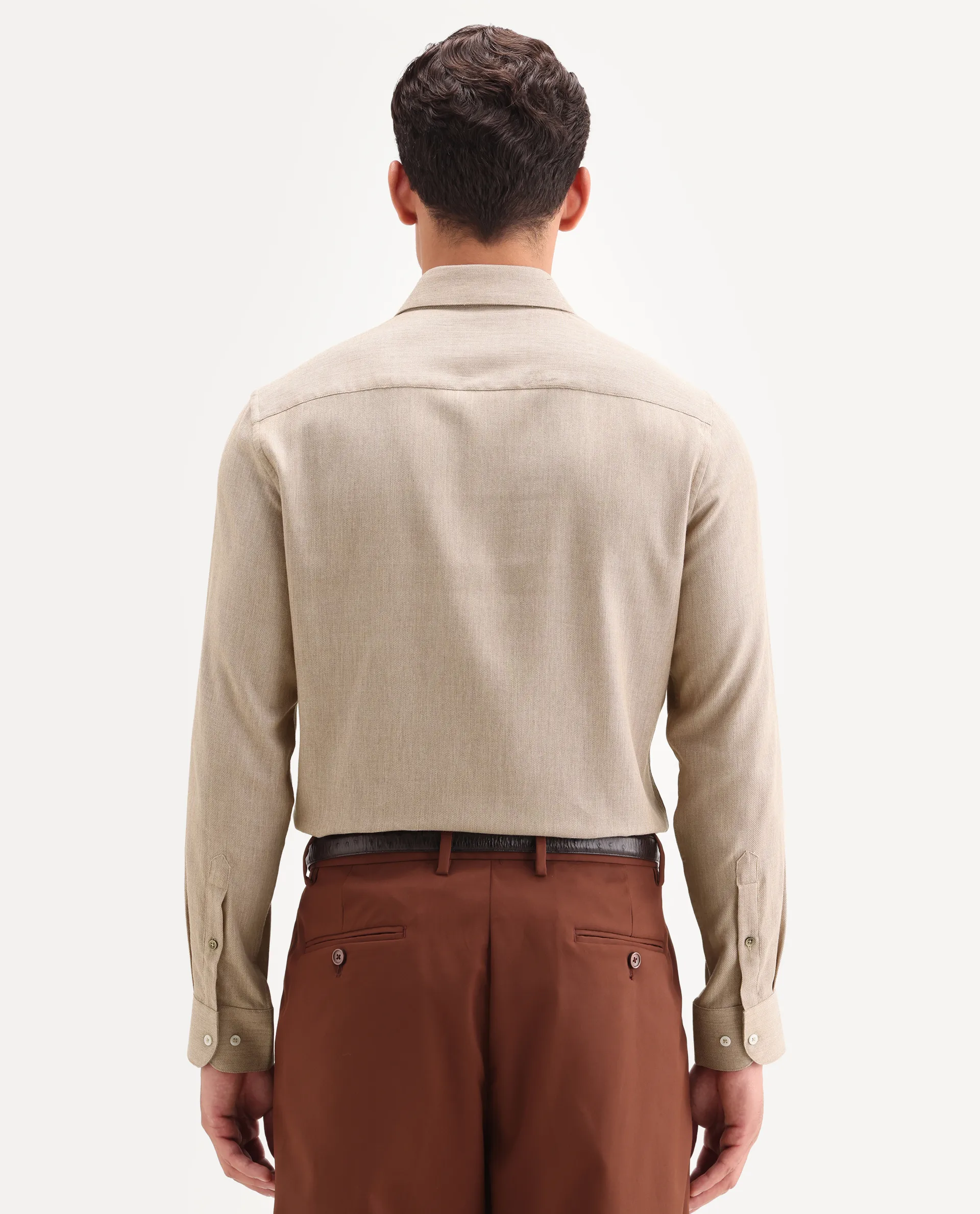 Rare Rabbit Men's Jovi Light Beige Cotton Blend Fabric Full Sleeve Spread Collar Button Regular Plain Shirt - Image 7