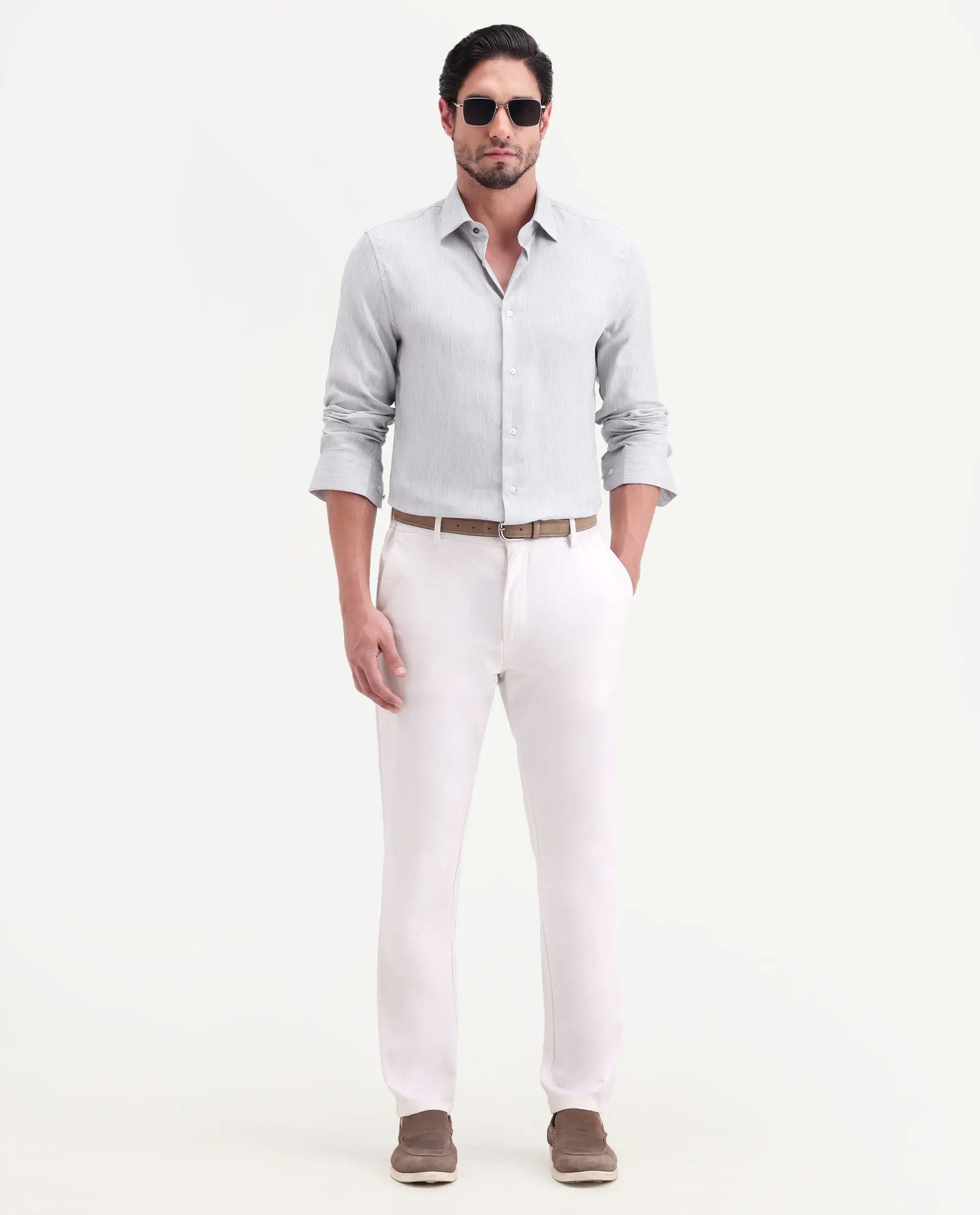 Rare Rabbit Men's Jovi Light Grey Cotton Blend Fabric Full Sleeve Spread Collar Button Regular Plain Shirt - Image 2