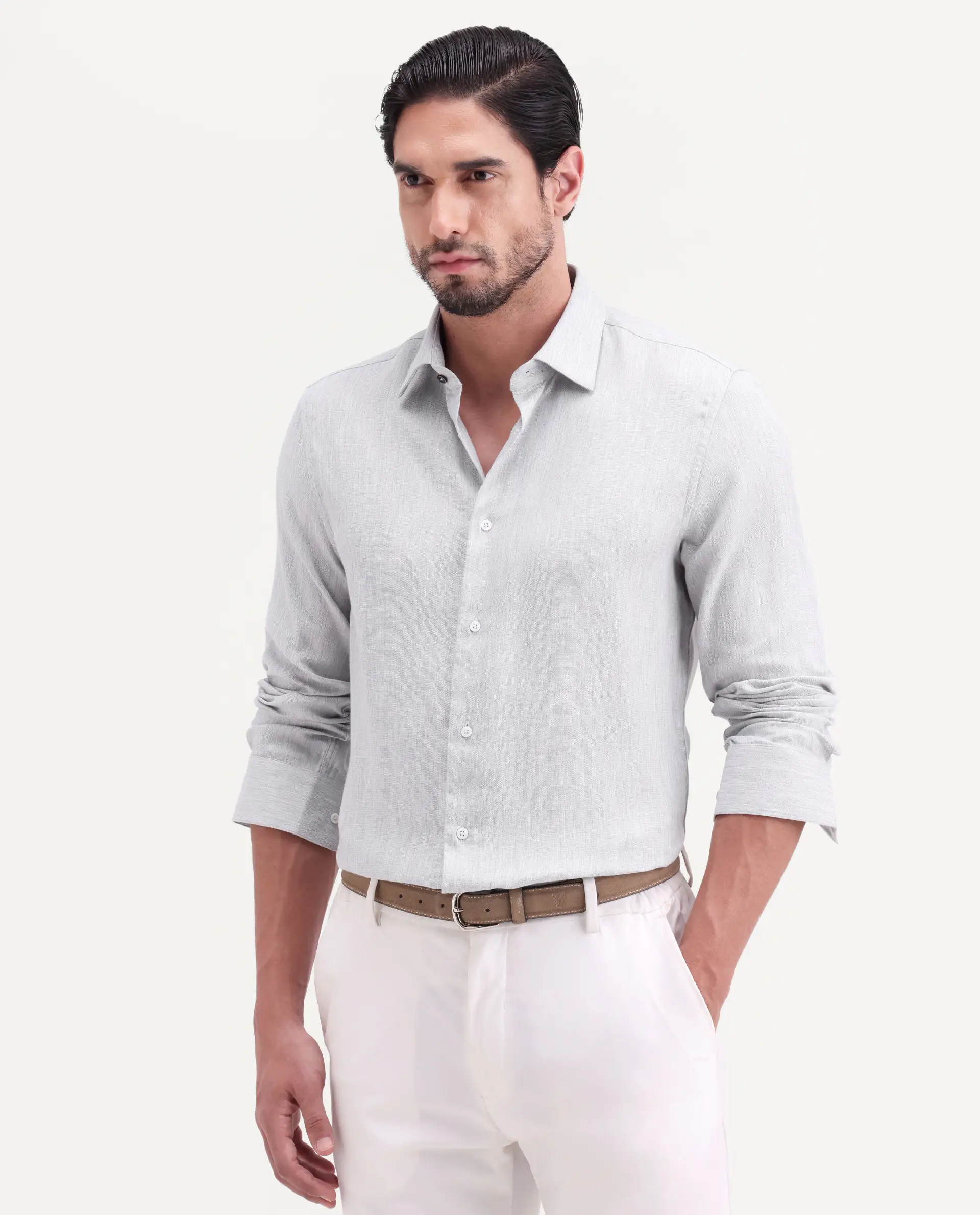 Rare Rabbit Men's Jovi Light Grey Cotton Blend Fabric Full Sleeve Spread Collar Button Regular Plain Shirt - Image 4
