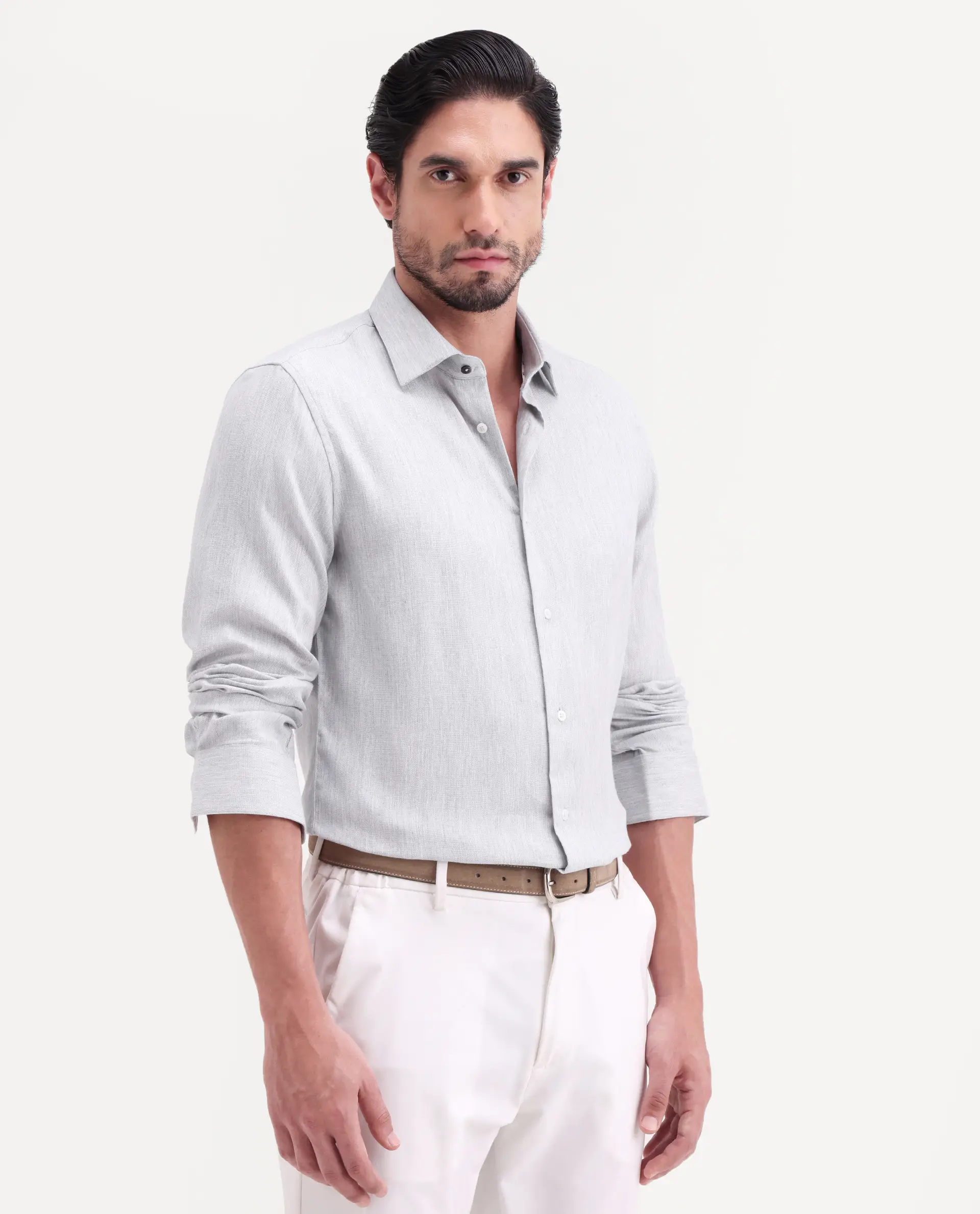 Rare Rabbit Men's Jovi Light Grey Cotton Blend Fabric Full Sleeve Spread Collar Button Regular Plain Shirt - Image 5