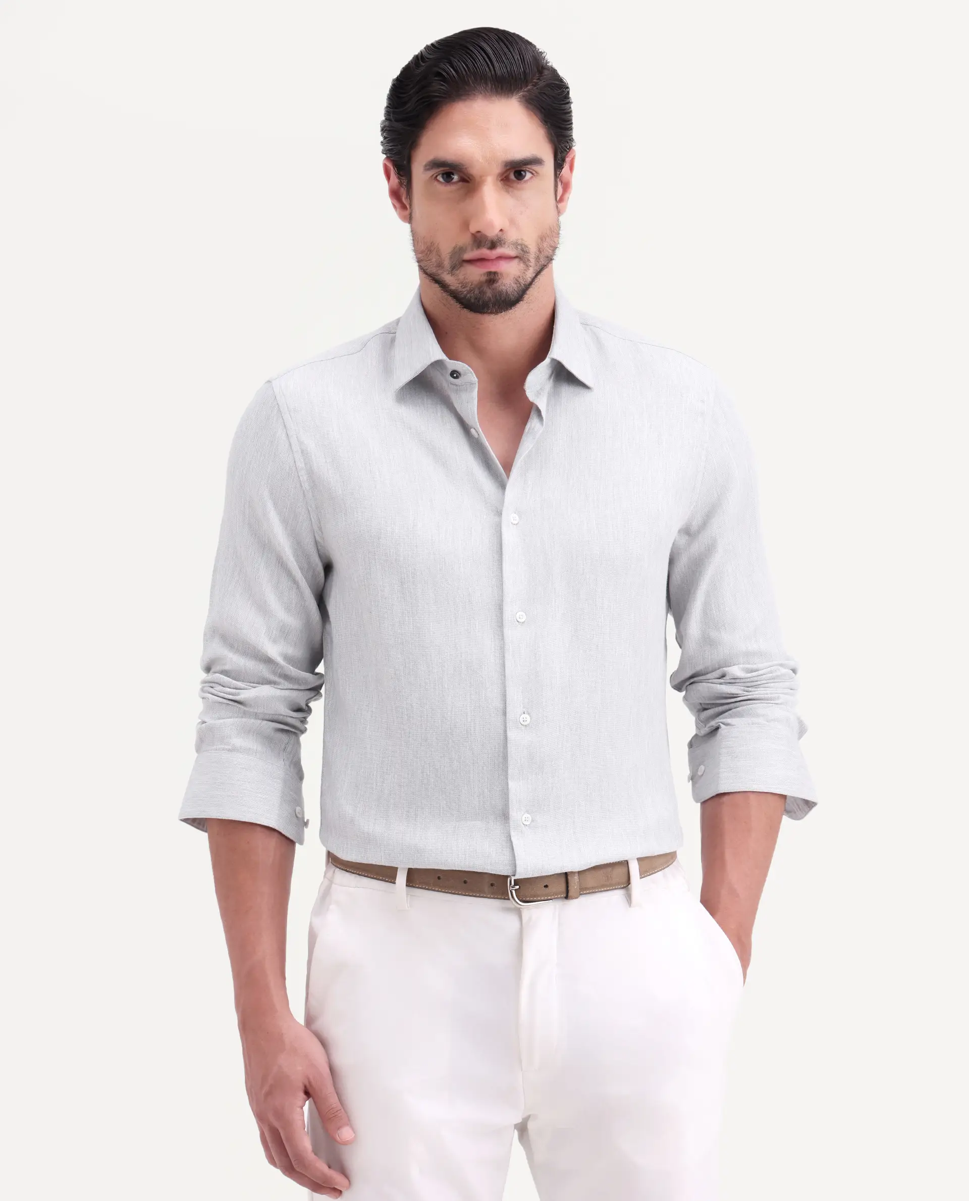Rare Rabbit Men's Jovi Light Grey Cotton Blend Fabric Full Sleeve Spread Collar Button Regular Plain Shirt - Image 6