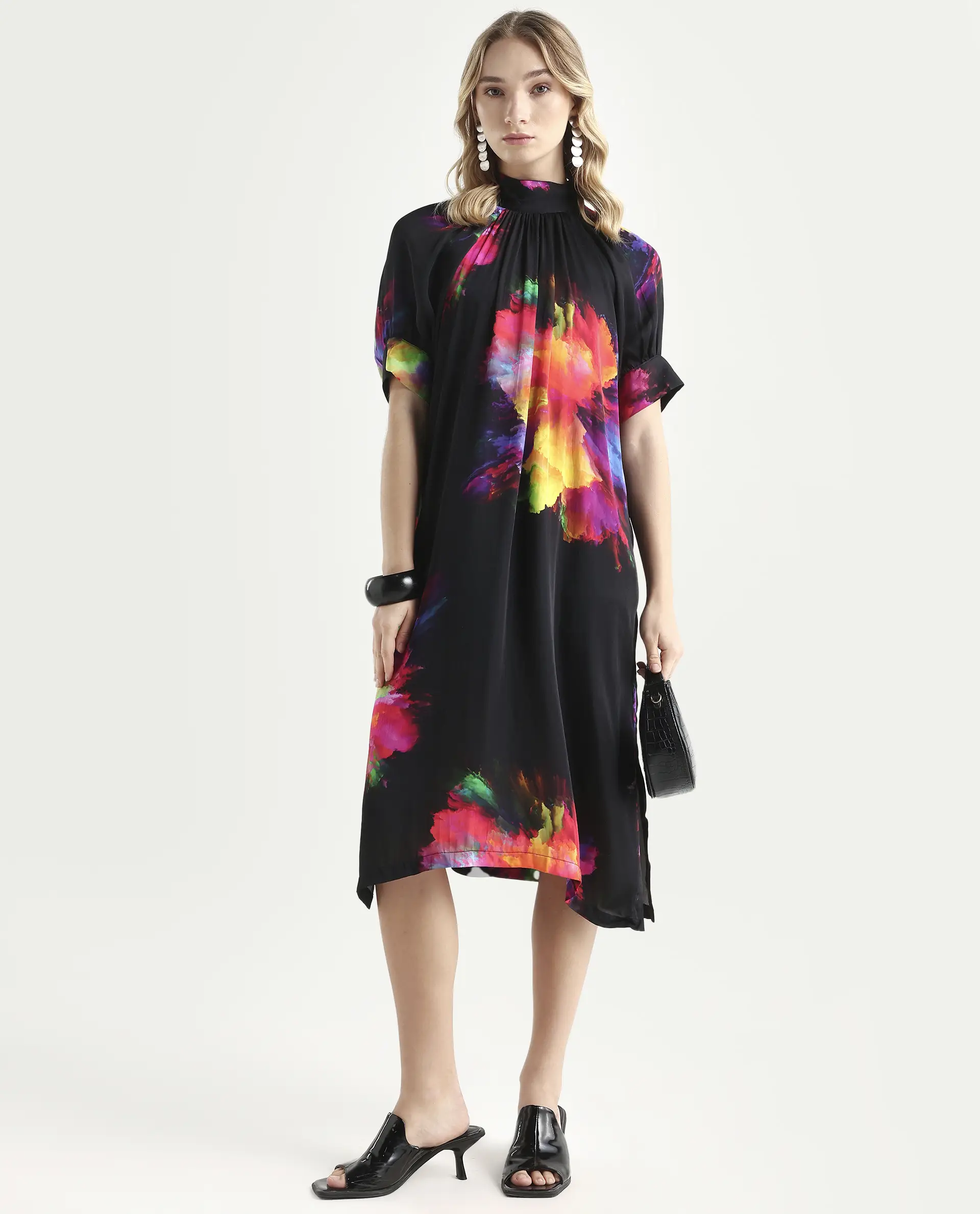 Rareism Women's Jovi Black Modal Blend High Neck Abstract Print Knee Length Regular Fit Dress - Image 2