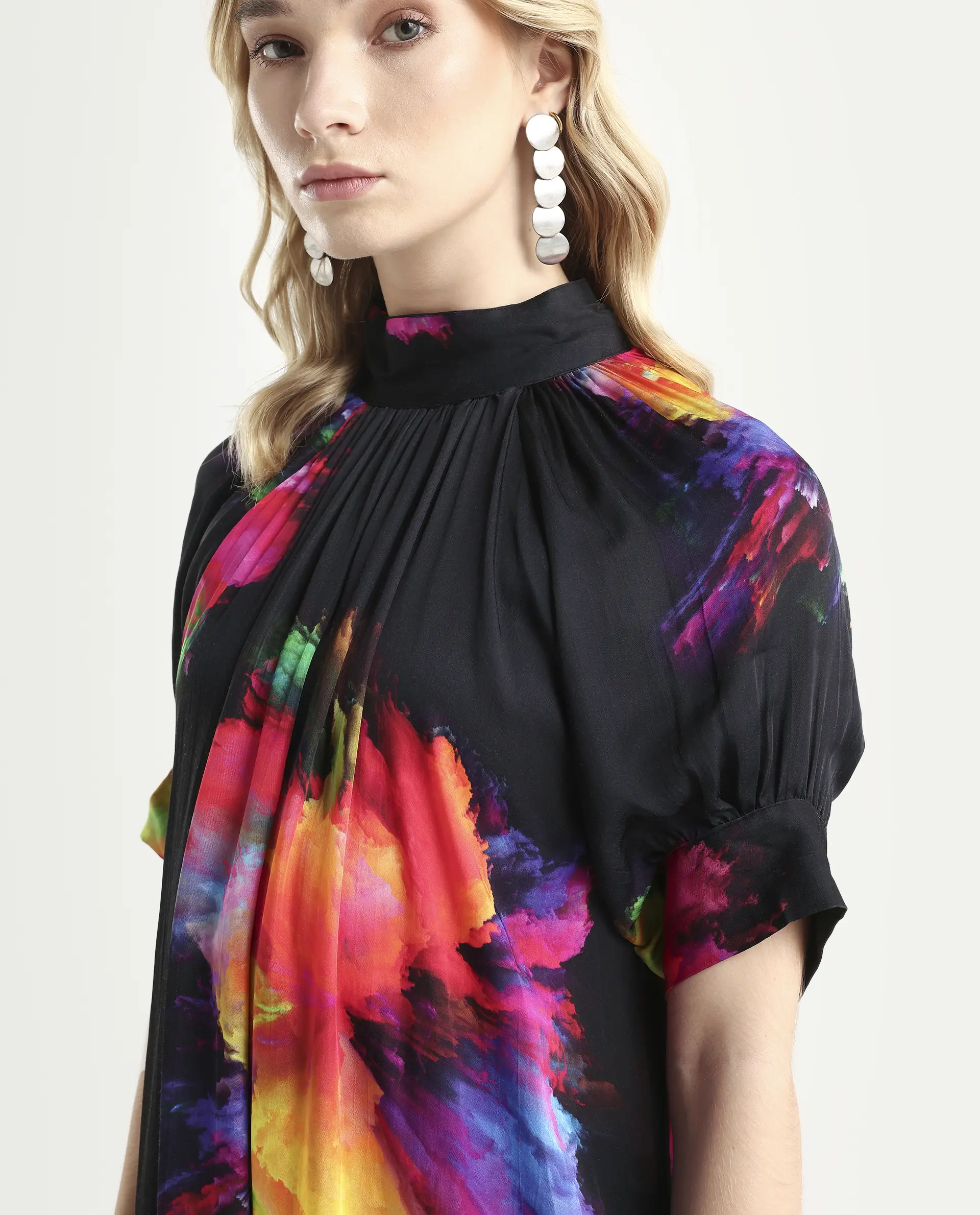 Rareism Women's Jovi Black Modal Blend High Neck Abstract Print Knee Length Regular Fit Dress - Image 3